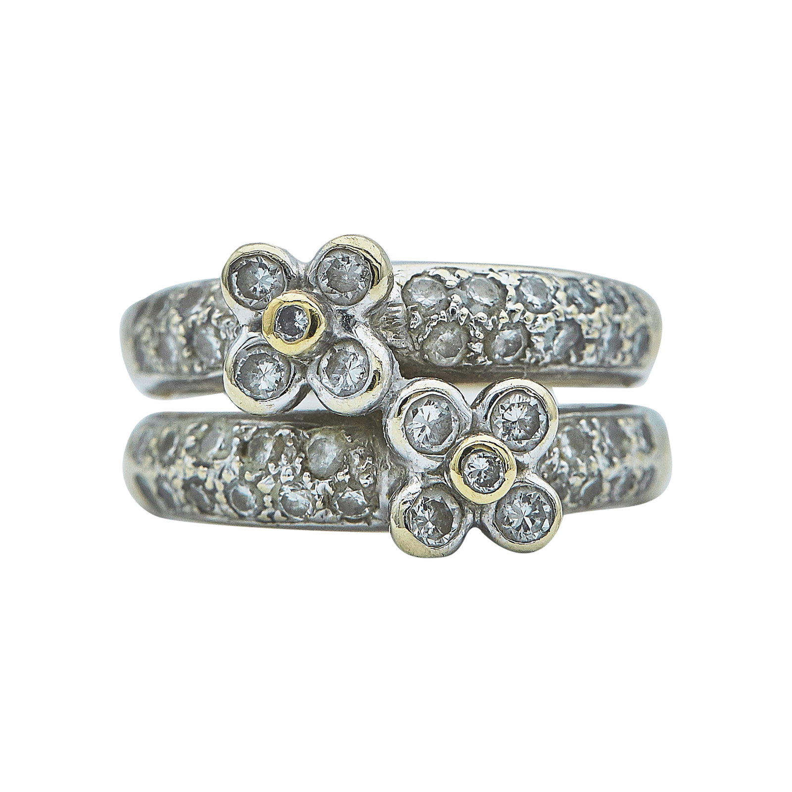 18K White Gold and Diamond Flower Band Ring: METAL: 18K White Gold; APPROXIMATE TOTAL DIAMOND WEIGHT: 0.49 ctw; STAMPED: 18K, 750; CONDITION: Pre-owned, Good; ITEM WEIGHT (GRAMS): 9.3 g; MEASUREMENTS: Ring size 6 3/4
