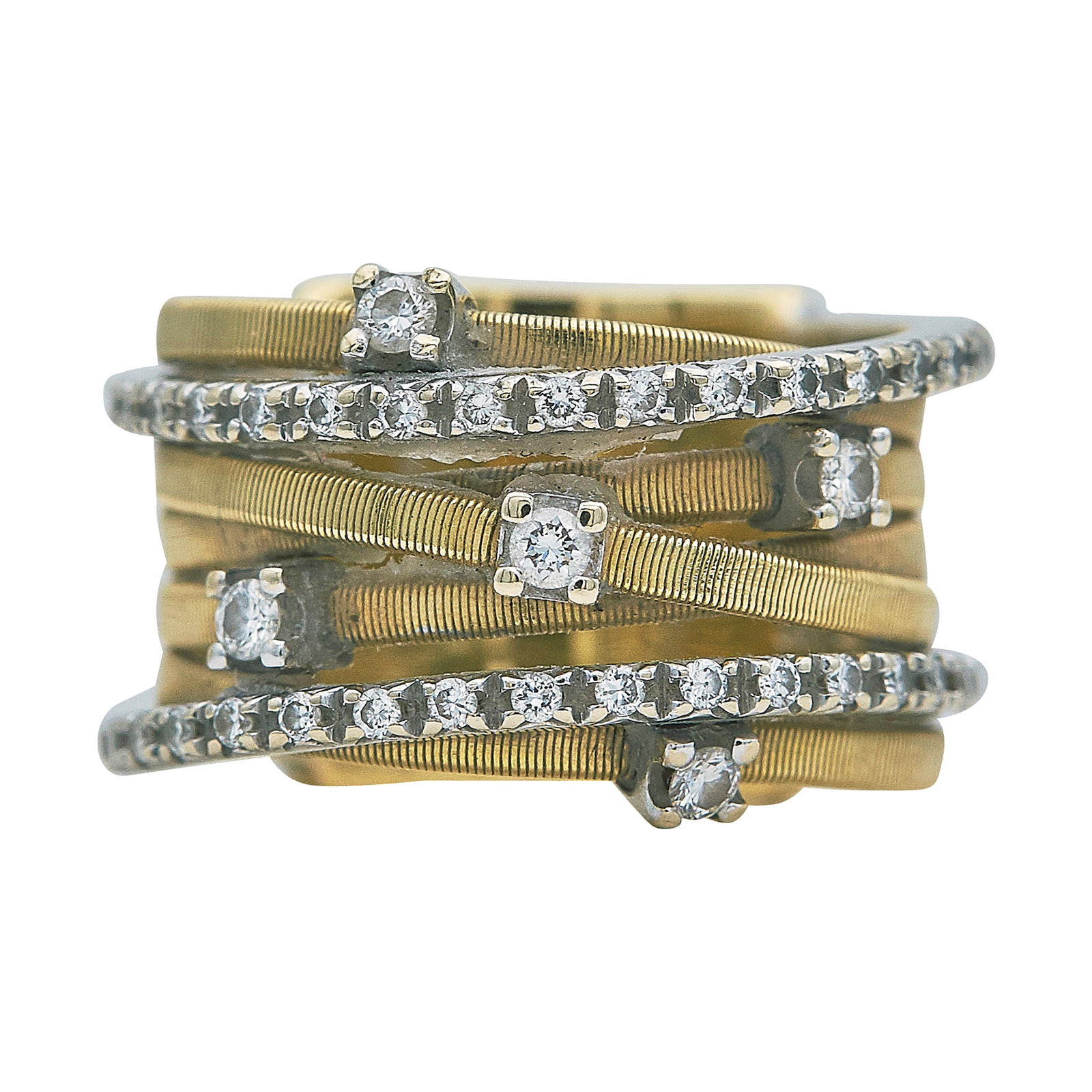 Marco Bicego 18K Yellow Gold and White Gold Diamond Band Ring: BRAND: Marco Bicego; METAL: 18K Yellow Gold/White Gold; APPROXIMATE TOTAL DIAMOND WEIGHT: 0.49 ctw; STAMPED: Marco Bicego, Made in Italy, Italian workshop mark, 750; CONDITION: Pre-owned, Good; ITEM W