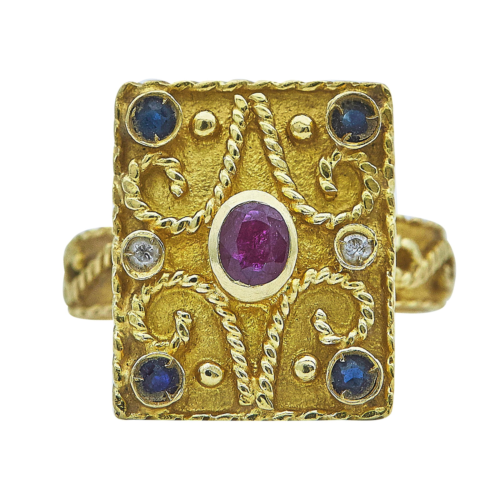 18K Yellow Gold Ruby Sapphire and Diamond Rope Detailed Ring (1 of 3)