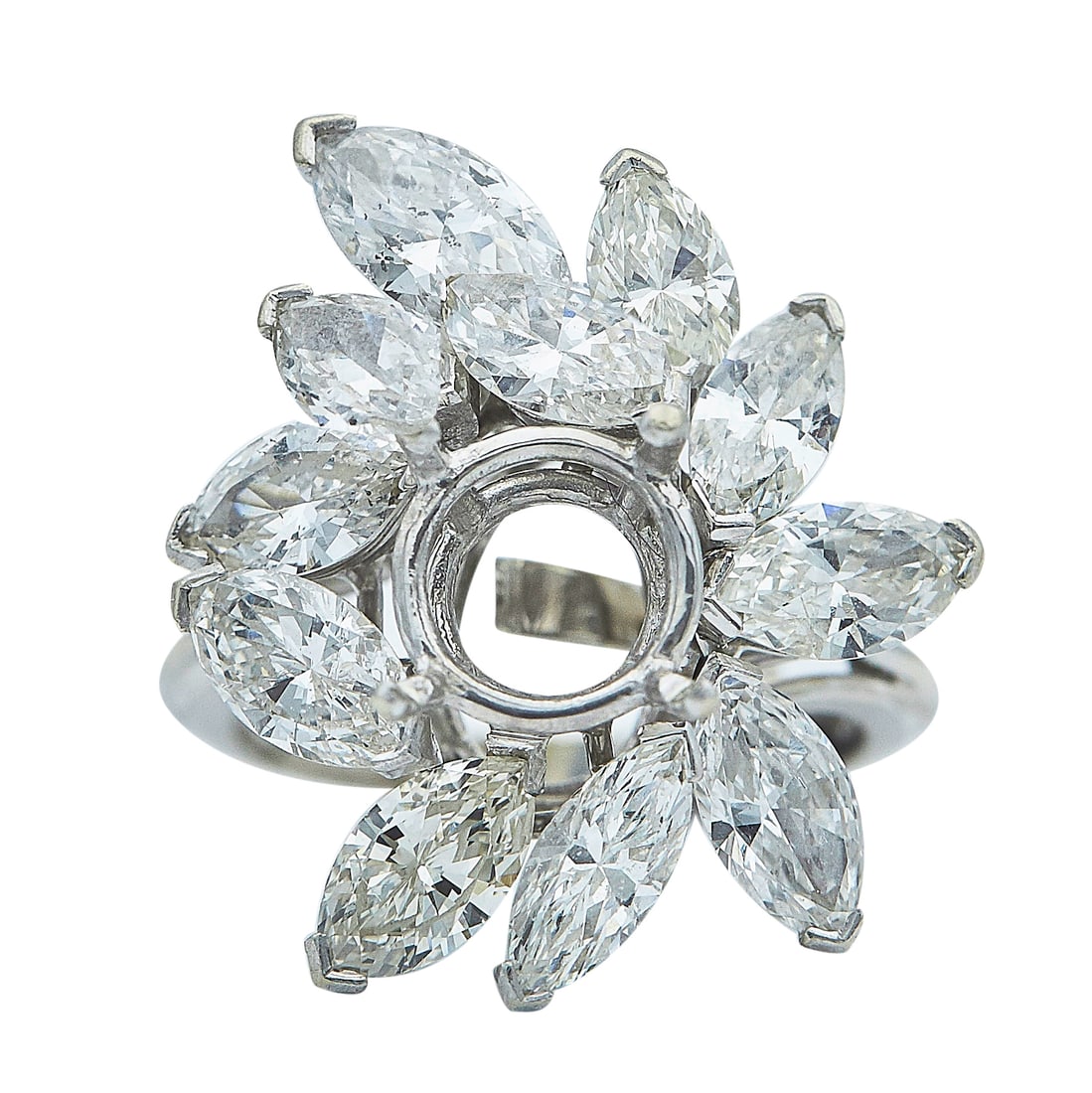 18K White Gold and Marquise Cut Diamond Ring Setting: METAL: 18K White Gold; APPROXIMATE TOTAL DIAMOND WEIGHT: 6 ctw; STAMPED: 18K; CONDITION: Pre-owned, Good; ITEM WEIGHT (GRAMS): 8 g; MEASUREMENTS: Ring size 5 1/4 with butterfly sizer, Center will fit 