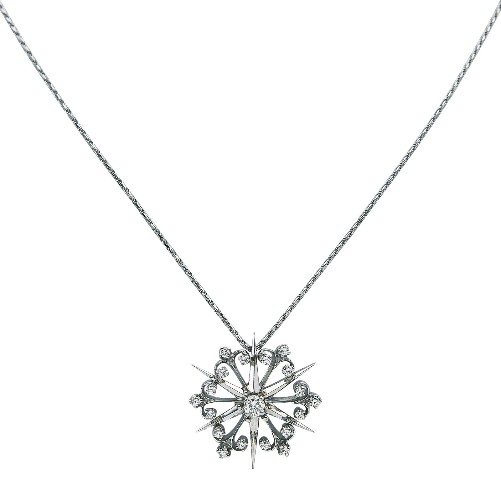 14K White Gold and Diamond Starburst Pendant Necklace: METAL: 14K White Gold; APPROXIMATE TOTAL DIAMOND WEIGHT: 0.75 ctw; STAMPED: Chain marked: 14K, 750, RC1; Pendant: Unidentified marks; TESTED: 14K White Gold; CONDITION: Pre-owned, Very Good; ITEM WEIG