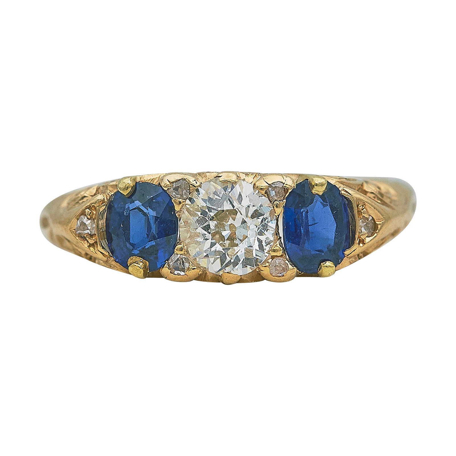 Antique Victorian 18K Yellow Gold Sapphire and Old Mine Cut Diamond Ring: METAL: 18K Yellow Gold; APPROXIMATE TOTAL DIAMOND WEIGHT: 0.60 ctw; GEMSTONES: Sapphire; STAMPED: Numbered, Faded hallmarks; TESTED: 18K Yellow Gold; CONDITION: Pre-owned, Good; ITEM WEIGHT (GRAMS): 4