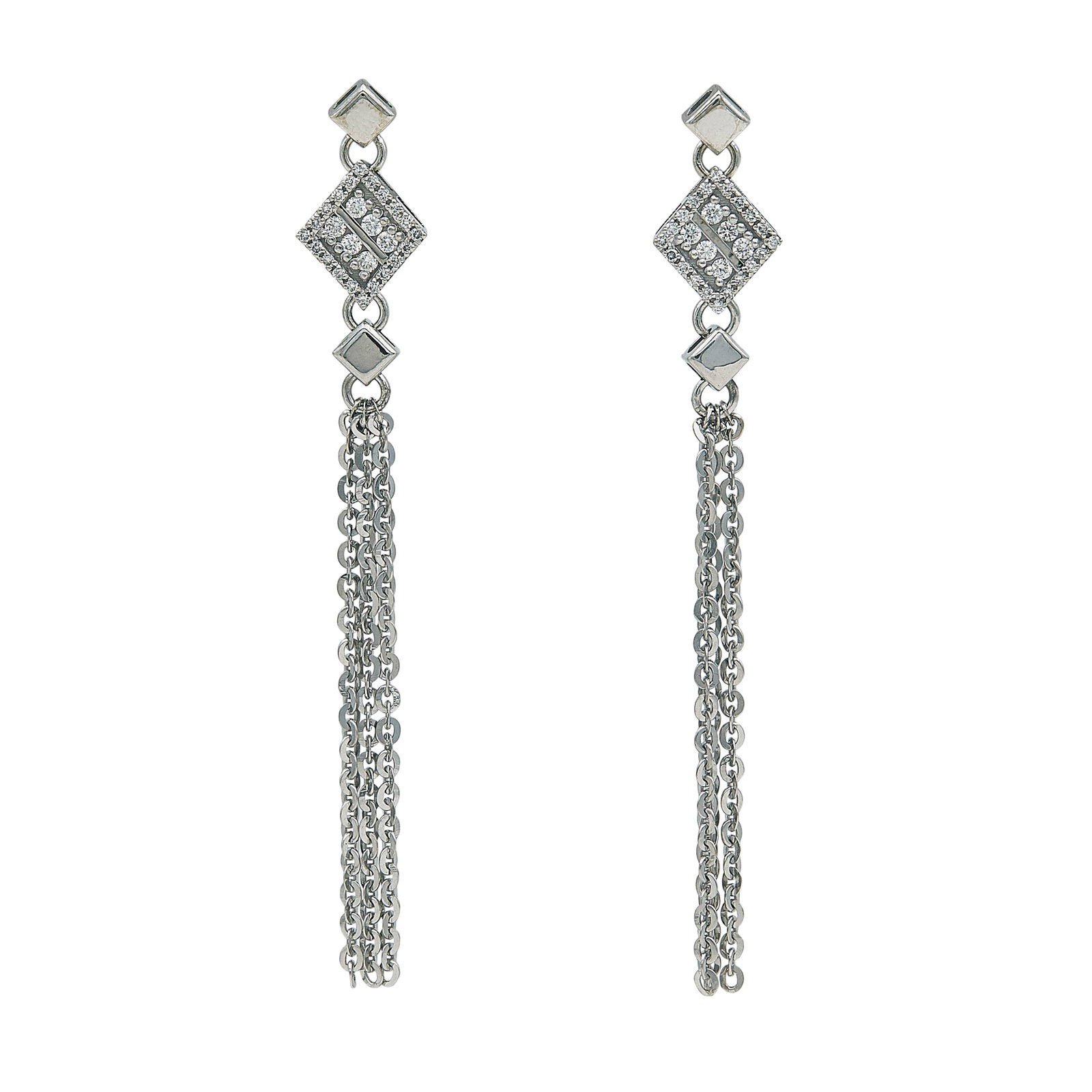 14K White Gold and Diamond Fringe Pendant Earrings: METAL: 14K White Gold; APPROXIMATE TOTAL DIAMOND WEIGHT: 0.30 ctw; STAMPED: Backs marked: 585 and 14KUD; TESTED: 14K White Gold; CONDITION: Pre-owned, Very Good; ITEM WEIGHT (GRAMS): 8.83 g; MEASUREME