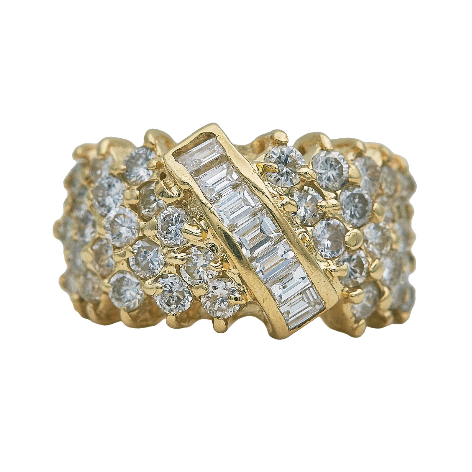 14K Yellow Gold and Diamond Domed Band Ring: METAL: 14K Yellow Gold; APPROXIMATE TOTAL DIAMOND WEIGHT: 1.50 ctw; STAMPED: 14K, Maker's mark; CONDITION: Pre-owned, Good; ITEM WEIGHT (GRAMS): 6.2 g; MEASUREMENTS: Ring size 5 1/4