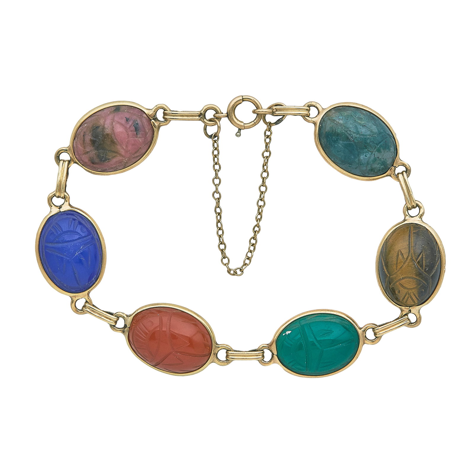 14K Yellow Gold Rhodonite, Dyed Chalcedony, Carnelian, Chrysoprase, Tiger's Eye, and Bloodstone: METAL: 14K Yellow Gold; GEMSTONES: Rhodonite, Dyed Chalcedony, Carnelian, Chrysoprase, Tiger's eye, and Bloodstone; STAMPED: 14K; CONDITION: Pre-owned, Very Good; ITEM WEIGHT (GRAMS): 15.6 g; MEASUREM