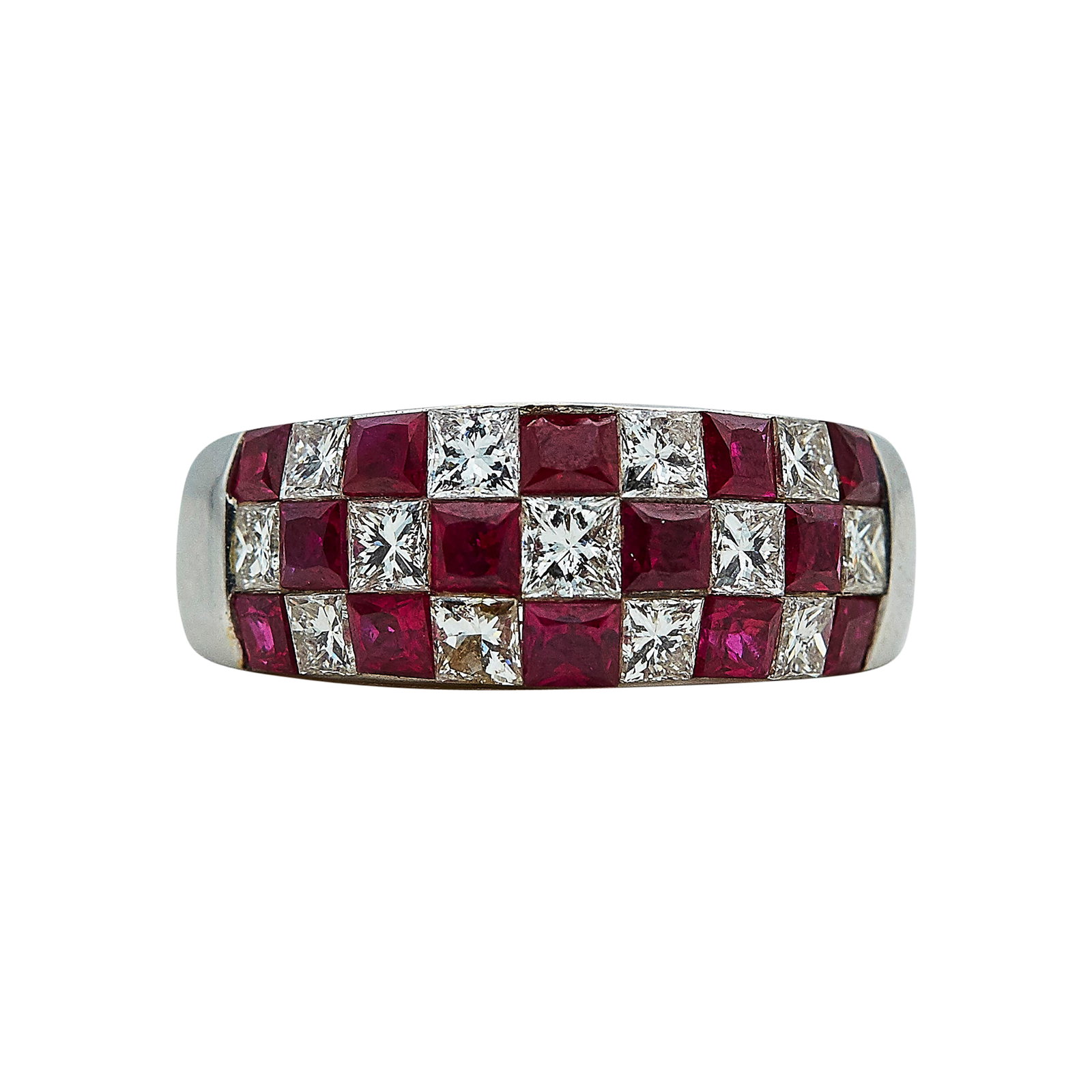 18K White Gold, Ruby, and Diamond Checkerboard Band Ring: METAL: 18K White Gold; APPROXIMATE TOTAL DIAMOND WEIGHT: 1.50 ctw; GEMSTONES: Ruby; STAMPED: 18K, 750; CONDITION: Pre-owned, Very Good; ITEM WEIGHT (GRAMS): 8.7 g; MEASUREMENTS: Ring size 6 3/4; Diamo