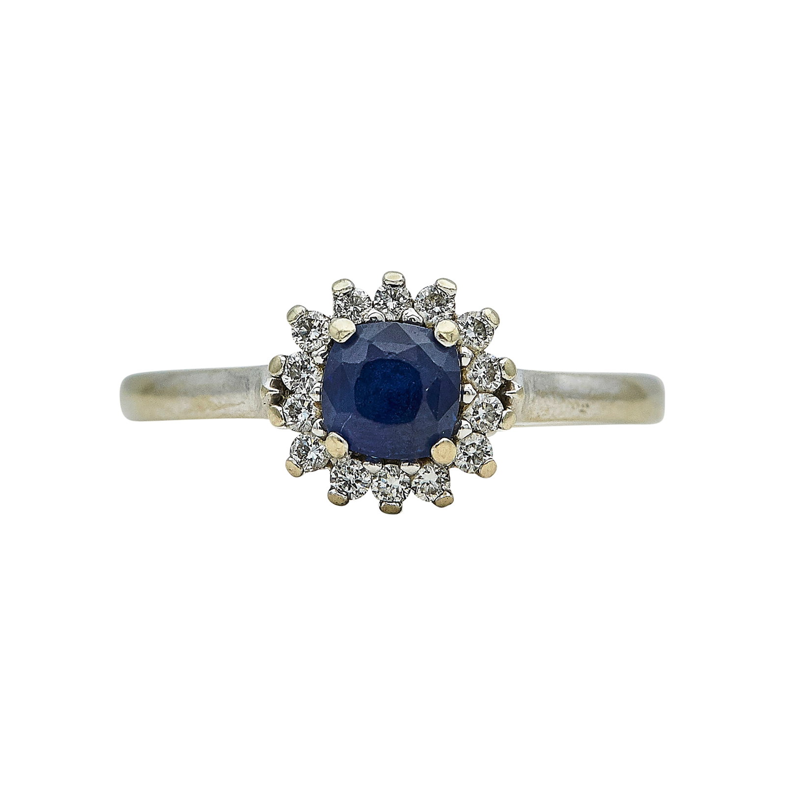14K White Gold, Cushion Cut Ceylon Sapphire, and Diamond Cluster Ring: METAL: 14K White Gold; APPROXIMATE TOTAL DIAMOND WEIGHT: 0.20 ctw; GEMSTONES: Ceylon Sapphire approx. 0.97 carats, Weight estimated by formula, Chips and abrasions on stone; STAMPED: 14K; CONDITION: P