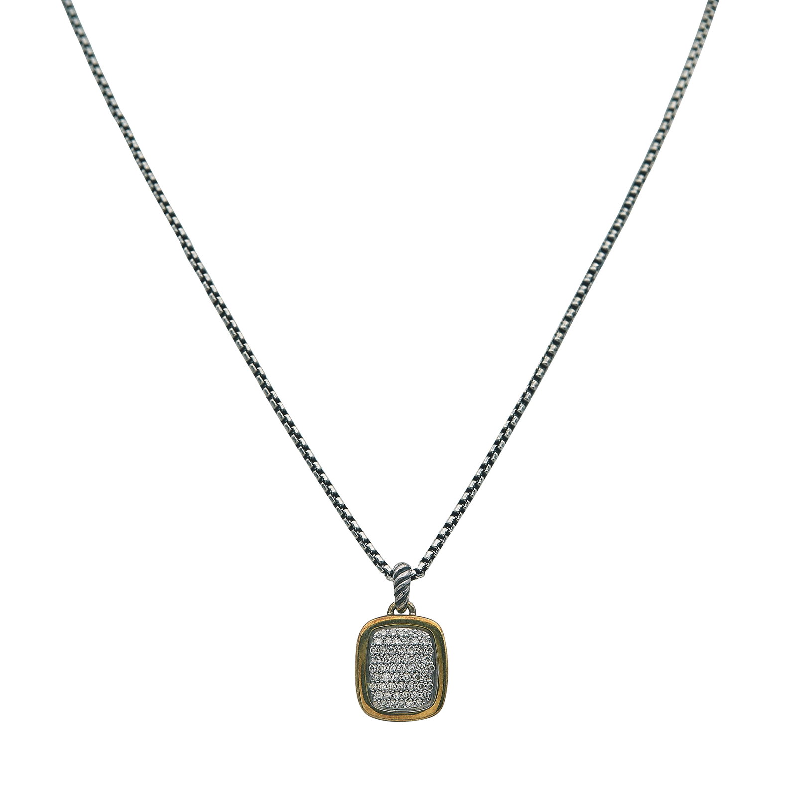 David Yurman Sterling Silver and 18K Yellow Gold Diamond Cluster Pendant Necklace: BRAND: David Yurman; METAL: 18K Yellow Gold/Silver; APPROXIMATE TOTAL DIAMOND WEIGHT: 0.55 ctw; STAMPED: Pendant marked: © D.Y., 925, 750; Clasp marked: Maker's Mark, 925; CONDITION: Pre-owned, Very 