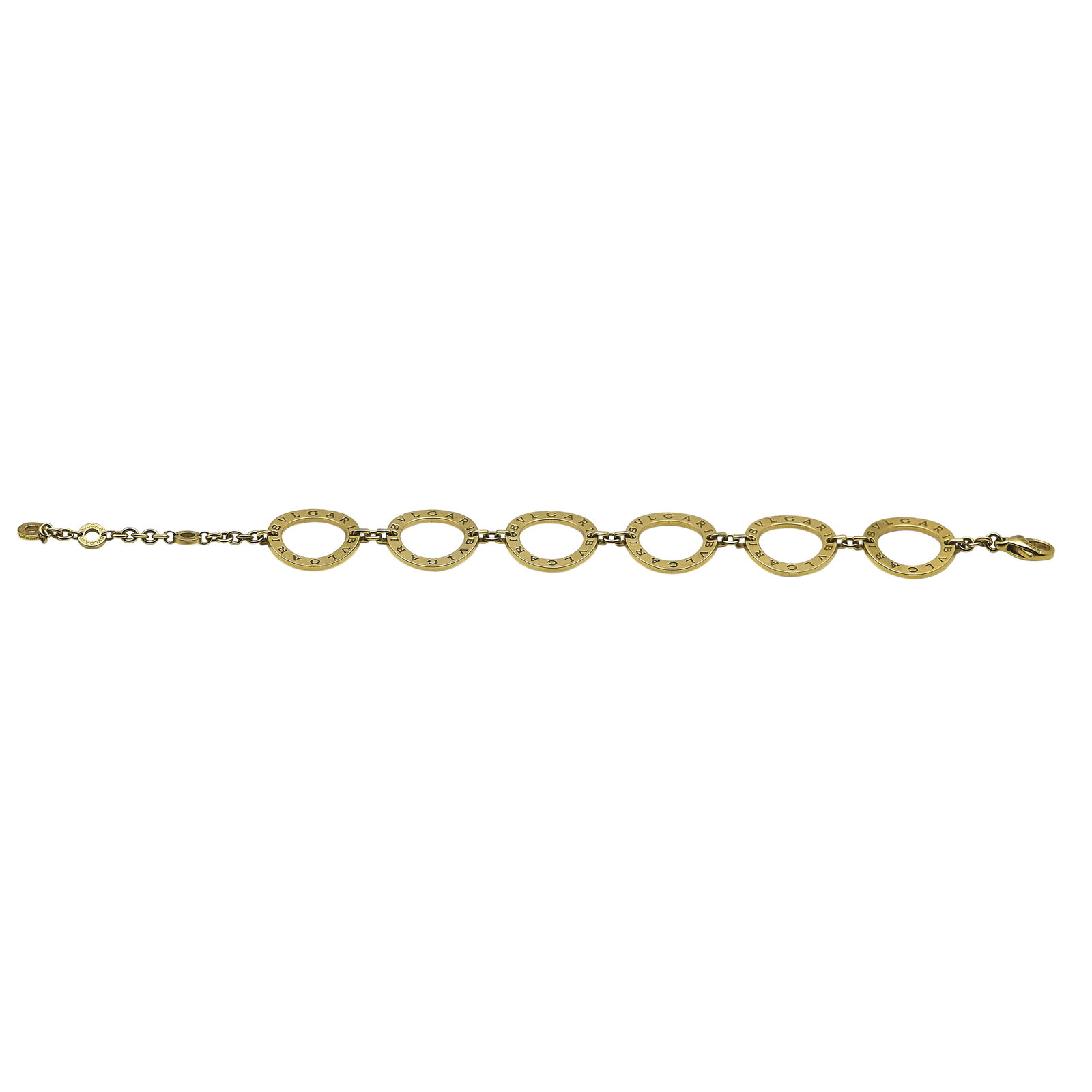 Bulgari Bvlgari-Bvlgari 18K Yellow Gold Circle Link Bracelet: BRAND: Bulgari; COLLECTION: Bulgari-Bulgari; METAL: 18K Yellow Gold; STAMPED: Bvlgari, 750; CONDITION: Pre-owned, Good; ITEM WEIGHT (GRAMS): 28.9 g; MEASUREMENTS: Bracelet 8 3/4 inches long x 13/16 in