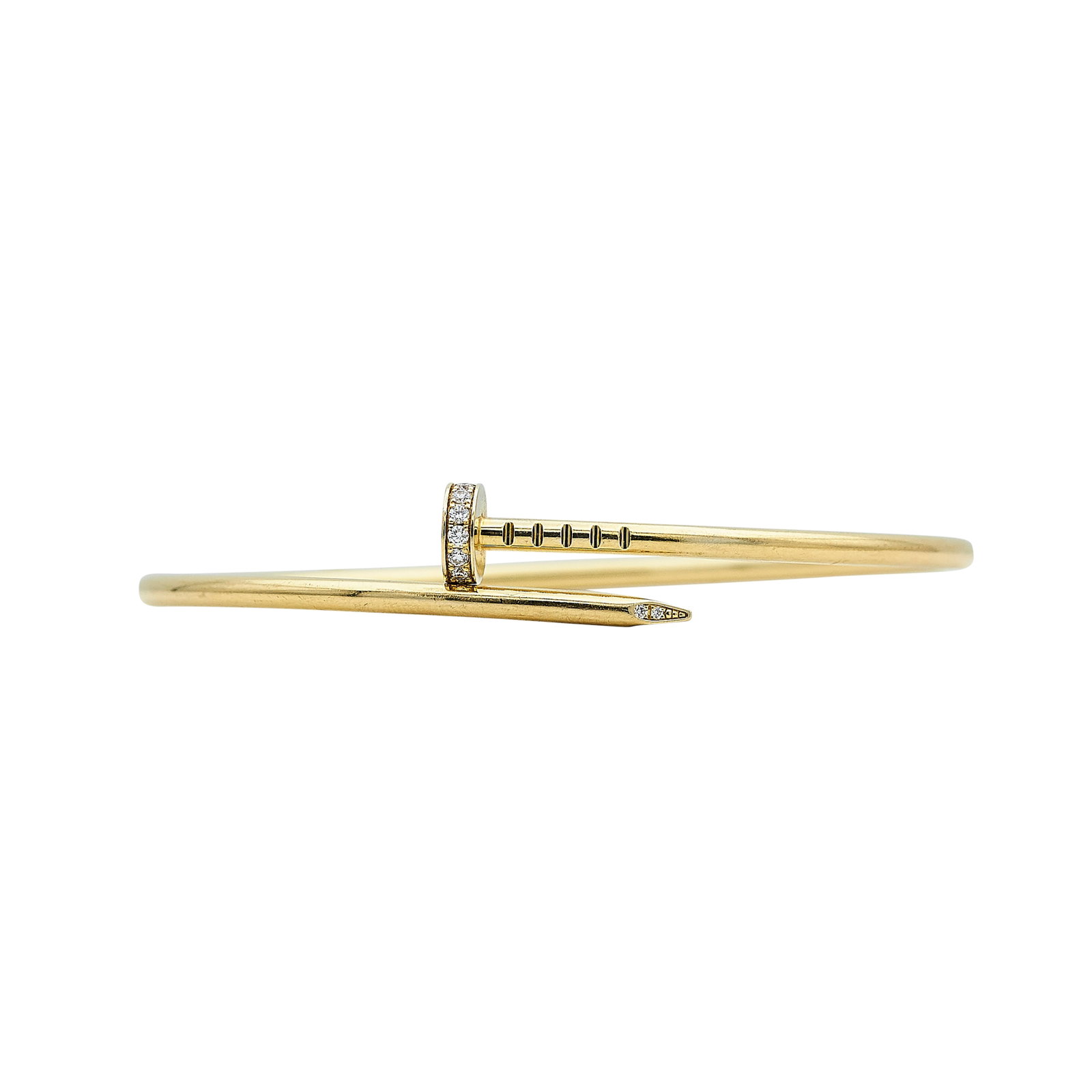 Cartier Juste un Clou Small Model 18K Yellow Gold and Diamond Bracelet: BRAND: Cartier; COLLECTION: Juste un Clou; METAL: 18K Yellow Gold; APPROXIMATE TOTAL DIAMOND WEIGHT: 0.18 ctw; STAMPED: © Cartier, 17, Serial number, Au750, Maker's mark; CONDITION: Pre-owned, Very G