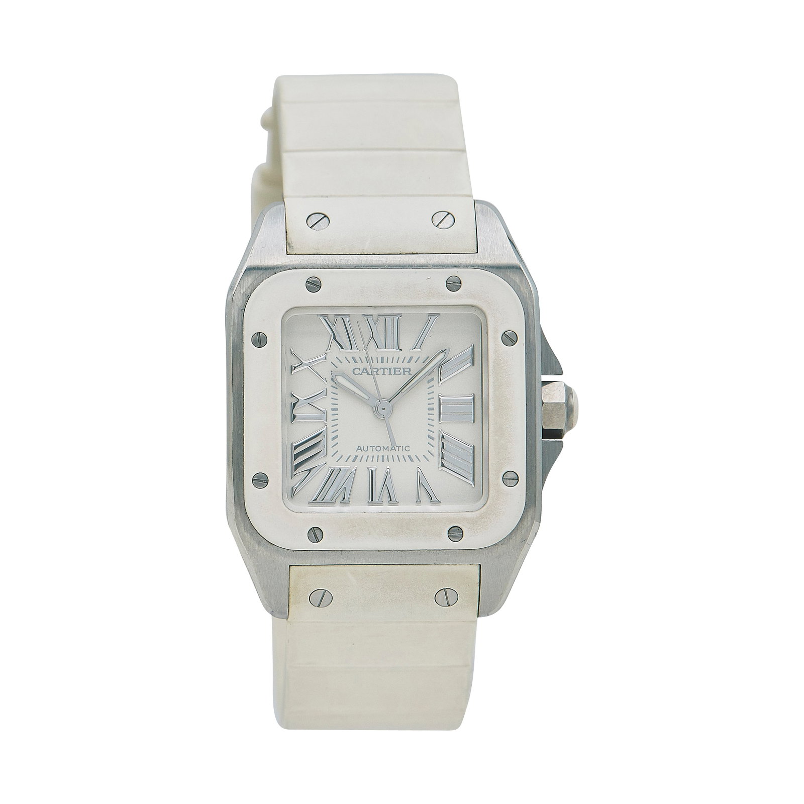 Cartier Santos 100 Stainless Steel Watch Ref. W20122U2, circa 2010: BRAND: Cartier; STYLE: Santos 100; REF. #: W20122U2; CONDITION: Pre-owned, Very Good; YEAR: Circa 2010; ADDITIONAL COMMENTS: Scratches throughout watch, Case back sticker still intact; CASE SIZE (mm):