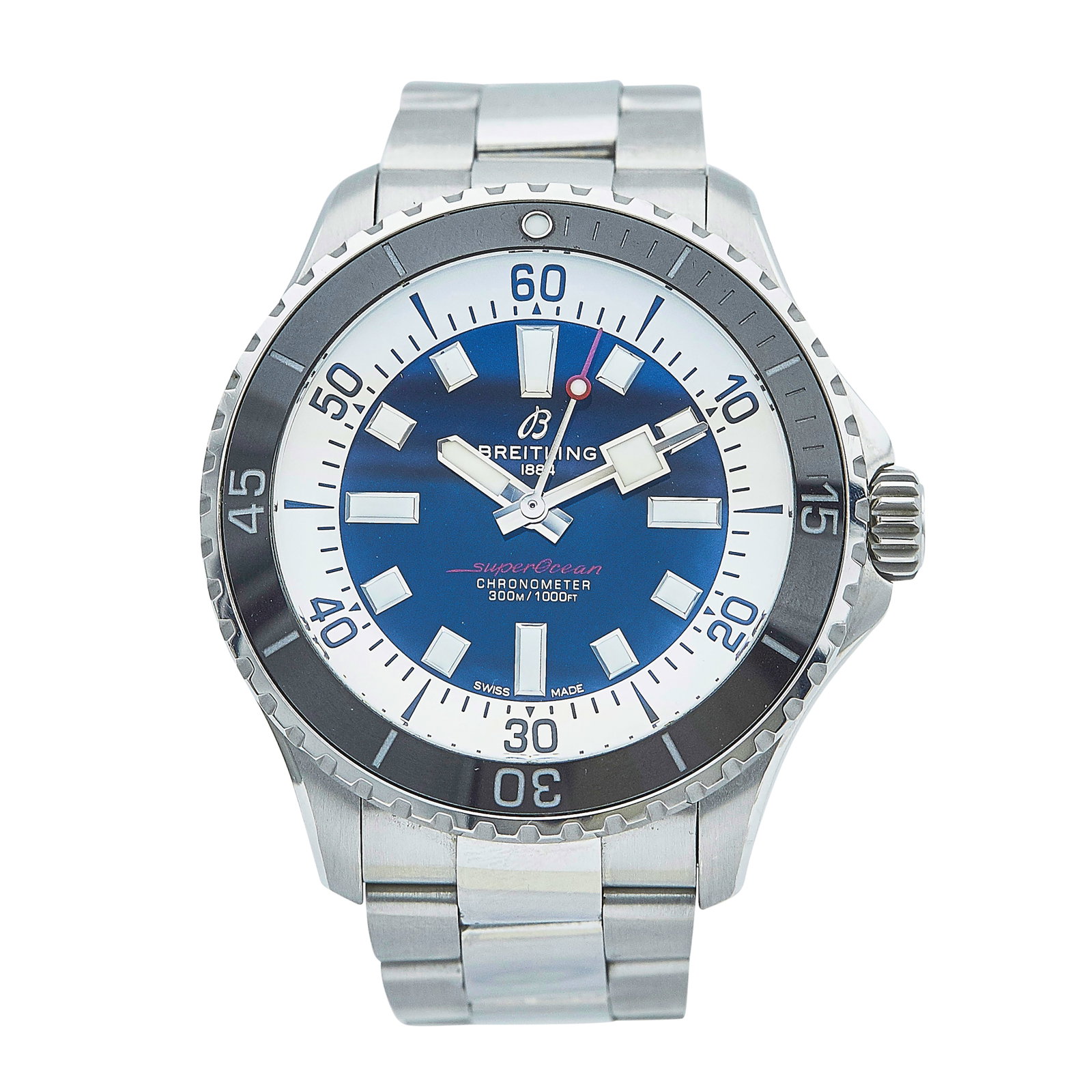 Breitling Superocean Stainless Steel Watch Ref. A17376, circa 2025: BRAND: Breitling; STYLE: Super Ocean; REF. #: A17376; CONDITION: Pre-owned, Very Good; YEAR: Circa 2025; ADDITIONAL COMMENTS: Scratches throughout watch, Minor impacts on back of case, Accompanied by 
