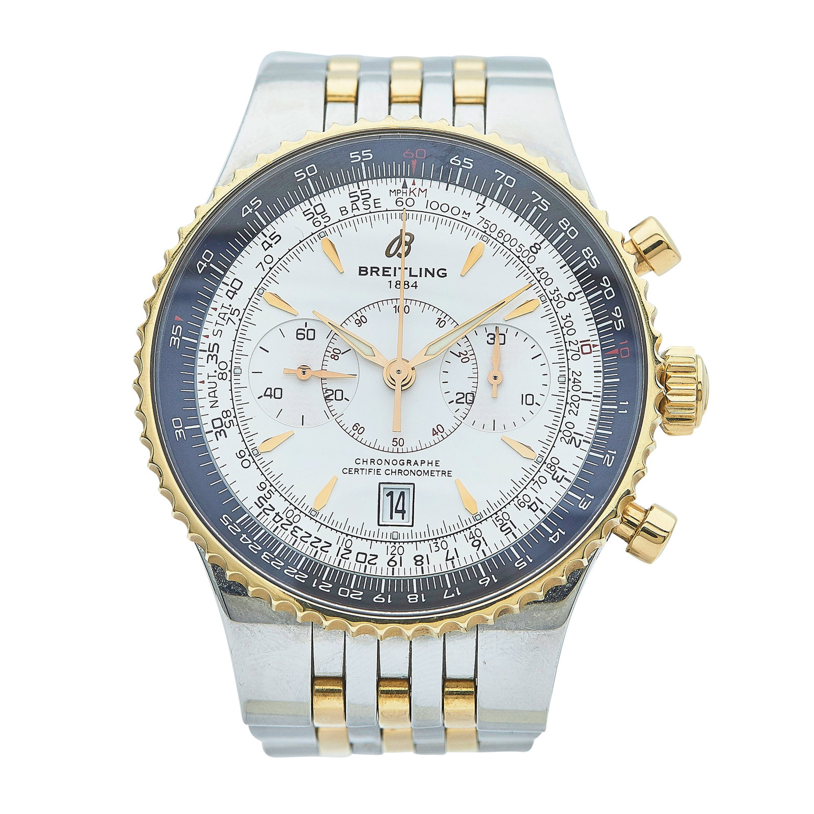 Breitling Montbrillant Legende 18K Yellow Gold and Stainless Steel Watch Ref. C23340, circa 2008: BRAND: Breitling; STYLE: Montbrillant Chronograph; REF. #: C23340; CONDITION: Pre-owned, Very Good; YEAR: Circa 2009; ADDITIONAL COMMENTS: Scratches throughout watch, Minute scratch on crystal at 11 o