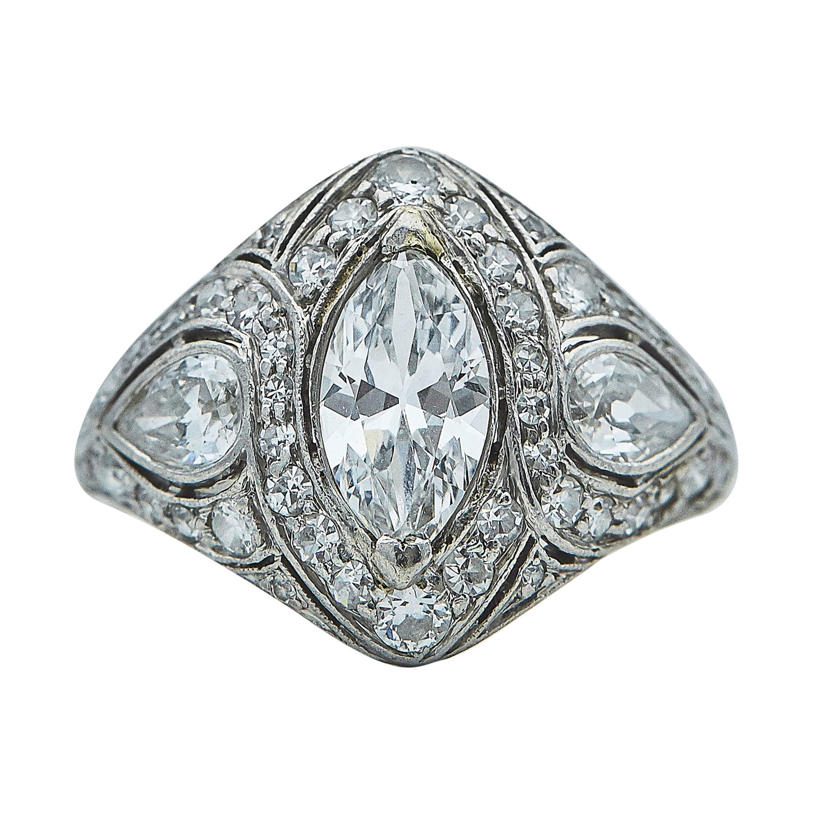 Art Deco Platinum and 14K White Gold Marquise Diamond Ring: METAL: 14K White Gold; APPROXIMATE TOTAL DIAMOND WEIGHT: 1.90 ctw; STAMPED: 14K; TESTED: 14K White Gold; CONDITION: Pre-owned, Very Good; ITEM WEIGHT (GRAMS): 4.8 g; MEASUREMENTS: Ring size 7 3/4; ADD