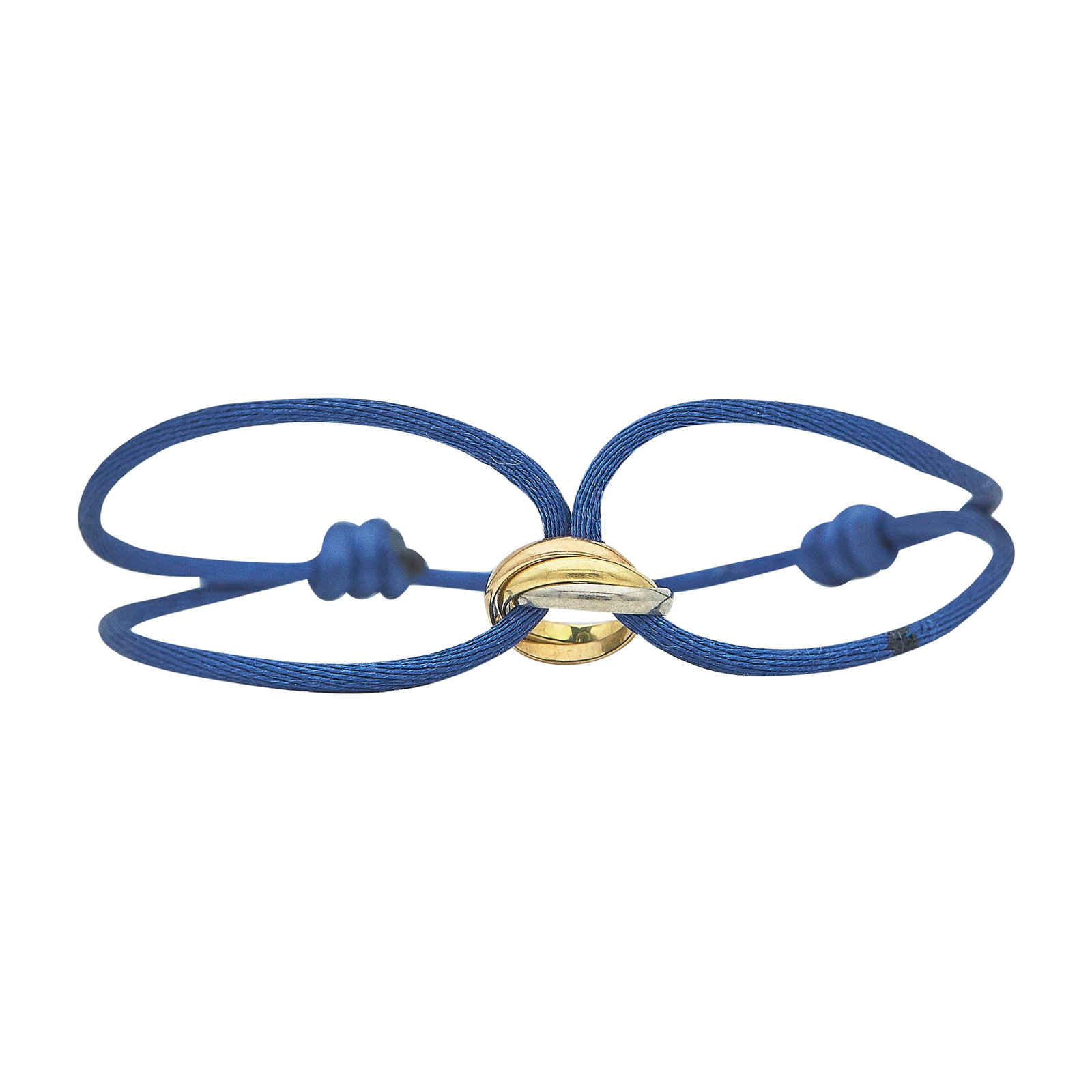 Cartier Trinity 18K Tri-Color Gold Bracelet With Blue Silk Cord: BRAND: Cartier; COLLECTION: Trinity; METAL: 18K Yellow Gold; STAMPED: Cartier, serial number, Au750, makers mark; CONDITION: Pre-owned, Good; ITEM WEIGHT (GRAMS): 3.37 g; MEASUREMENTS: Bracelet measur