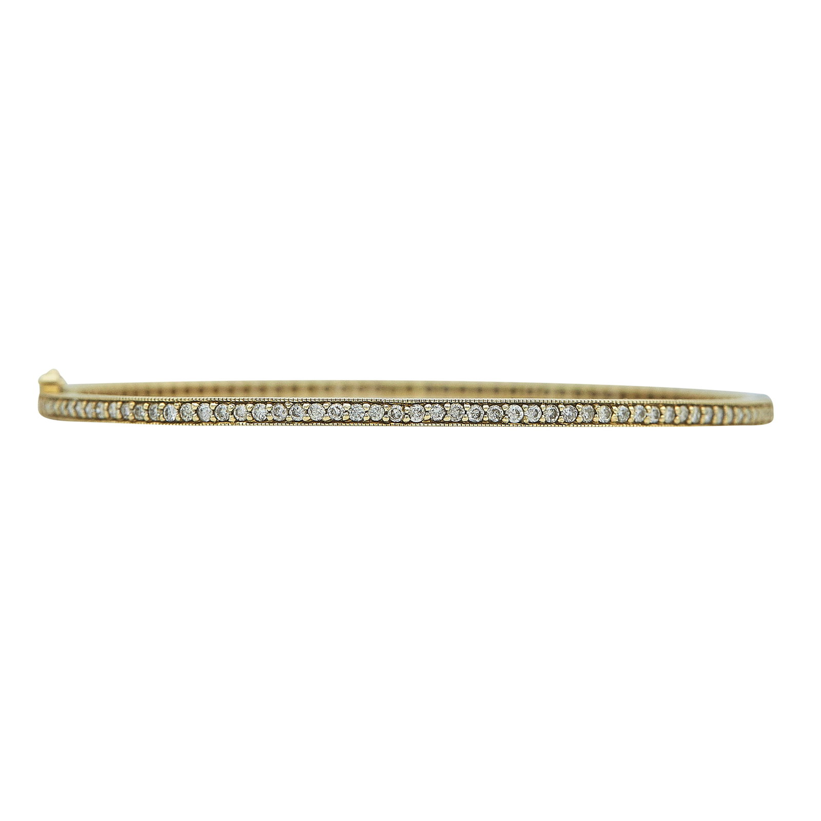 14K Yellow Gold and Diamond Bangle Bracelet: METAL: 14K Yellow Gold; APPROXIMATE TOTAL DIAMOND WEIGHT: 1.04 ctw; STAMPED: 14K; CONDITION: Pre-owned, Very Good; ITEM WEIGHT (GRAMS): 8 g; MEASUREMENTS: Bracelet inner circumference approx. 7 inches