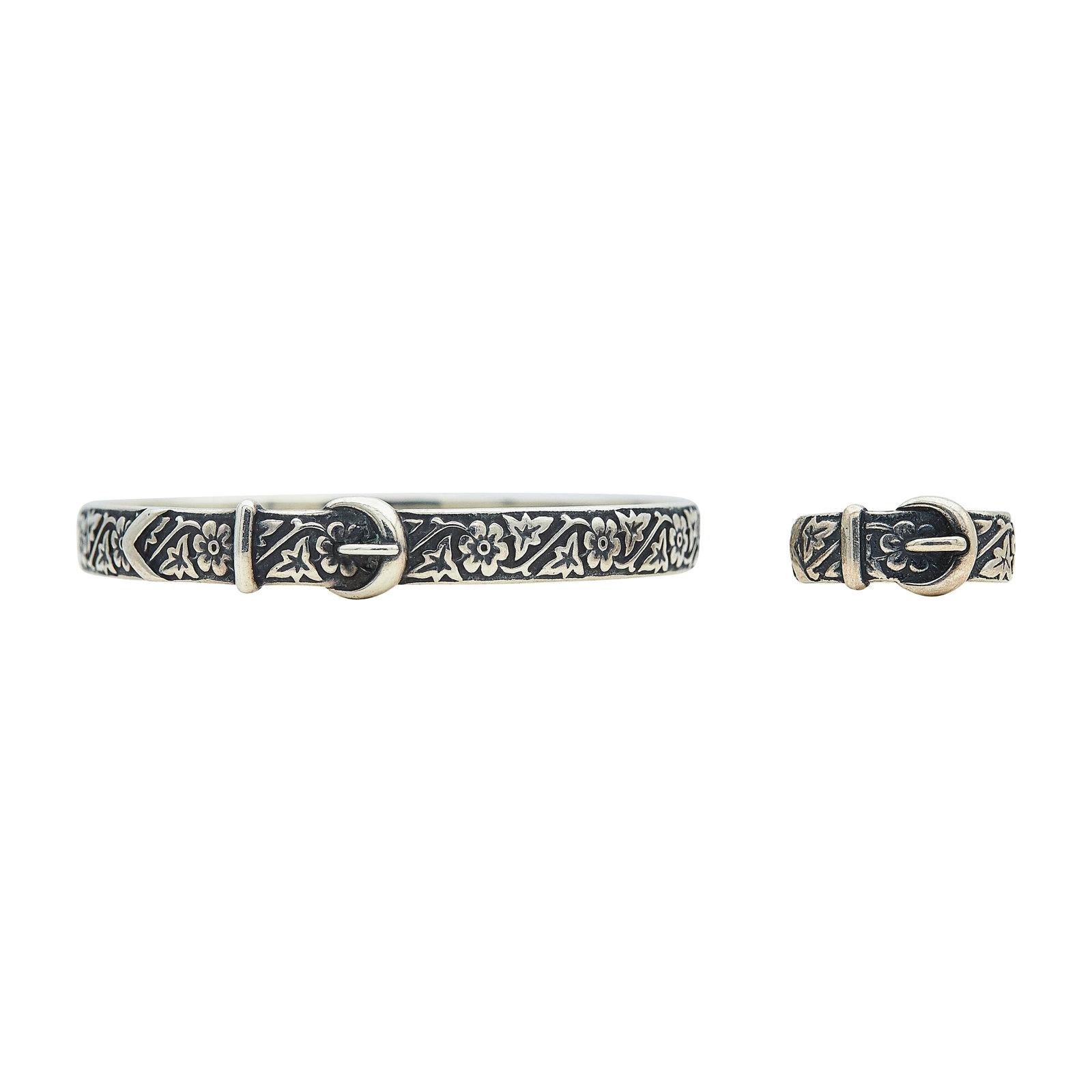 James Avery Sterling Silver Buckle Bangle Bracelet & Ring Set: BRAND: James Avery; METAL: Sterling Silver; STAMPED: © JA Hallmark, 925; CONDITION: Pre-owned, Good; ITEM WEIGHT (GRAMS): 34 g; MEASUREMENTS: Bracelet inner diameter approx. 8 inches, Ring size 9 1/4