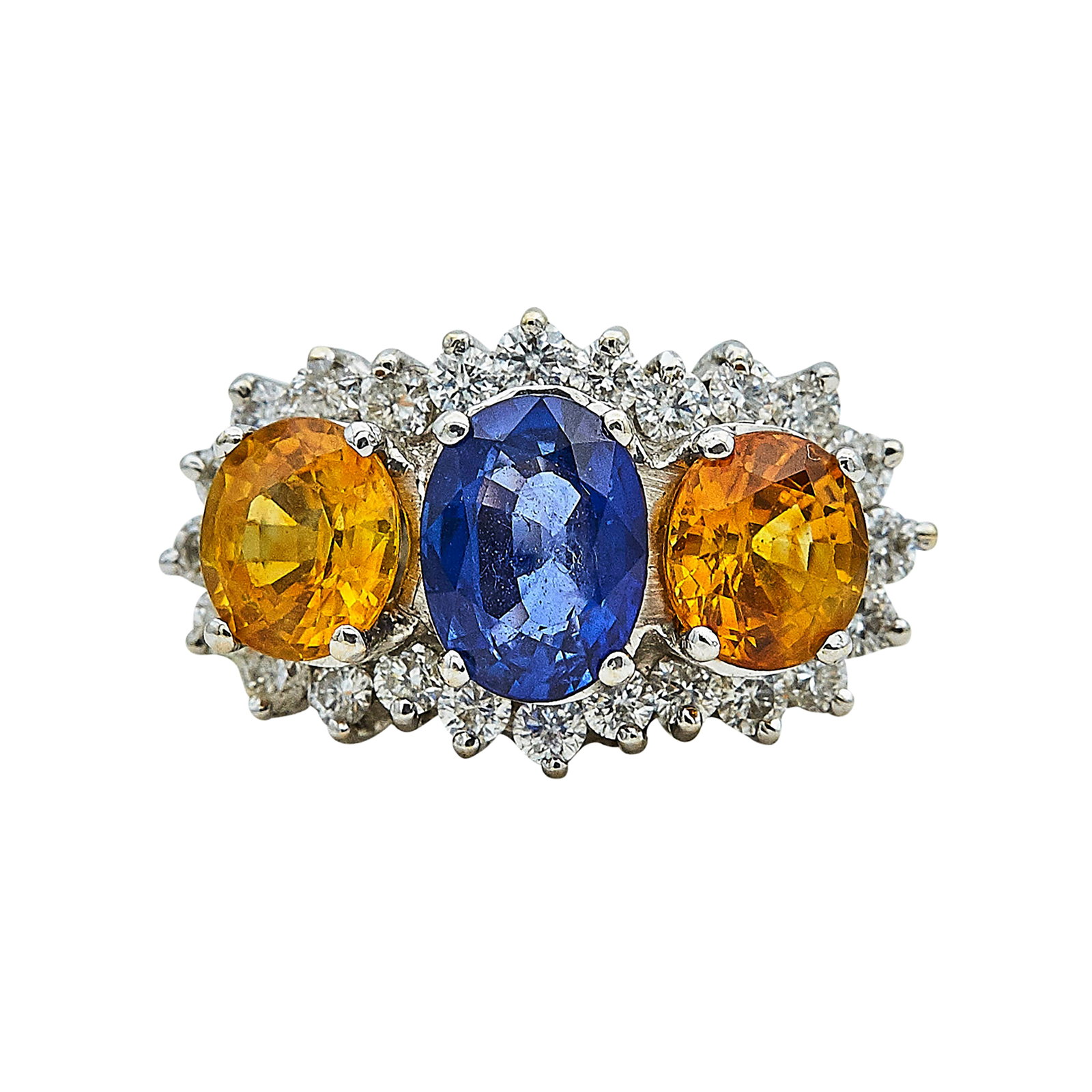 18K White Gold, Blue & Orange Sapphire, and Diamond Cluster Ring: METAL: 18K White Gold; APPROXIMATE TOTAL DIAMOND WEIGHT: 0.96 ctw; GEMSTONES: Blue and Orange Sapphires; TESTED: 18K White Gold; CONDITION: Pre-owned, Very Good; ITEM WEIGHT (GRAMS): 7.2 g; MEASUREMEN