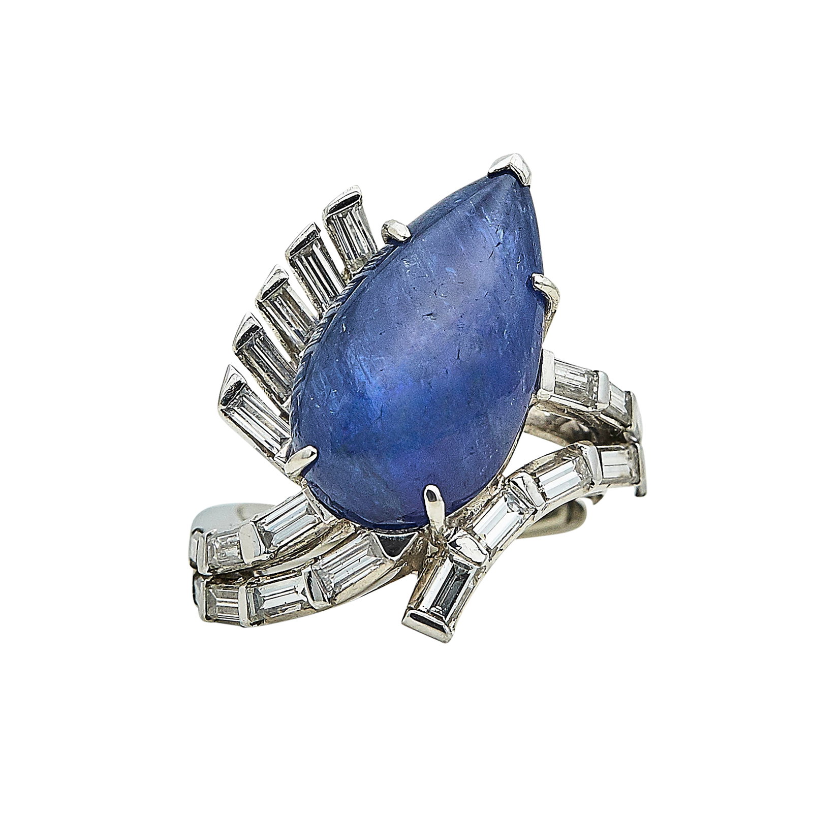 18K White Gold, Unheated Burma Sapphire Cabochon and Diamond Ring: METAL: 18K White Gold; APPROXIMATE TOTAL DIAMOND WEIGHT: 1 ctw; GEMSTONES: Sapphire is unheated with Burma origin according to AGL report, Sapphire approx. 11.76 carats, Weight estimated by formula; T