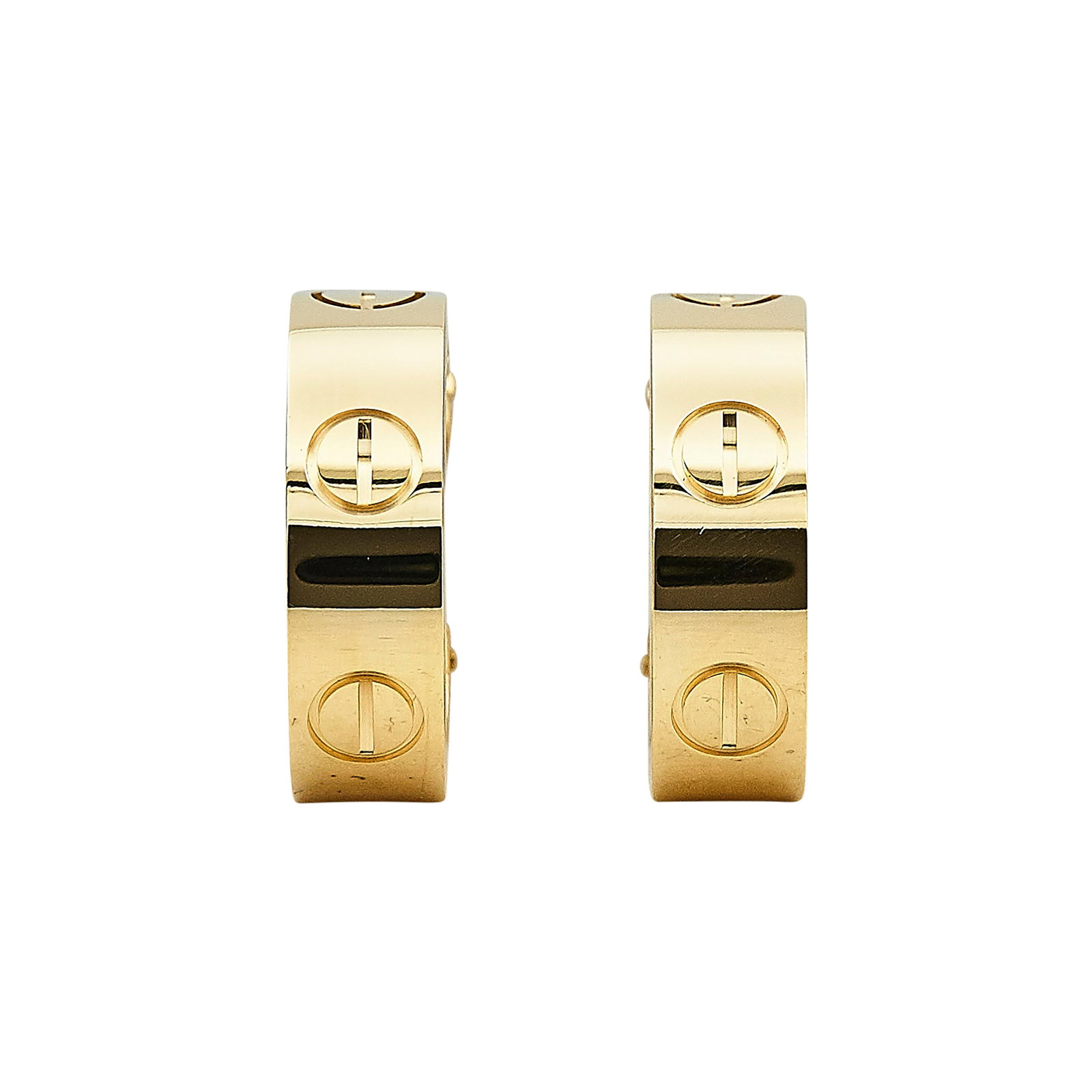 Cartier Love Classic Model 18K Yellow Gold Hoop Earrings: BRAND: Cartier; COLLECTION: Love; METAL: 18K Yellow Gold; STAMPED: © Cartier, Au750, Serial number, Maker's mark; CONDITION: Pre-owned, Excellent; ITEM WEIGHT (GRAMS): 12.8 g; MEASUREMENTS: Earrings 