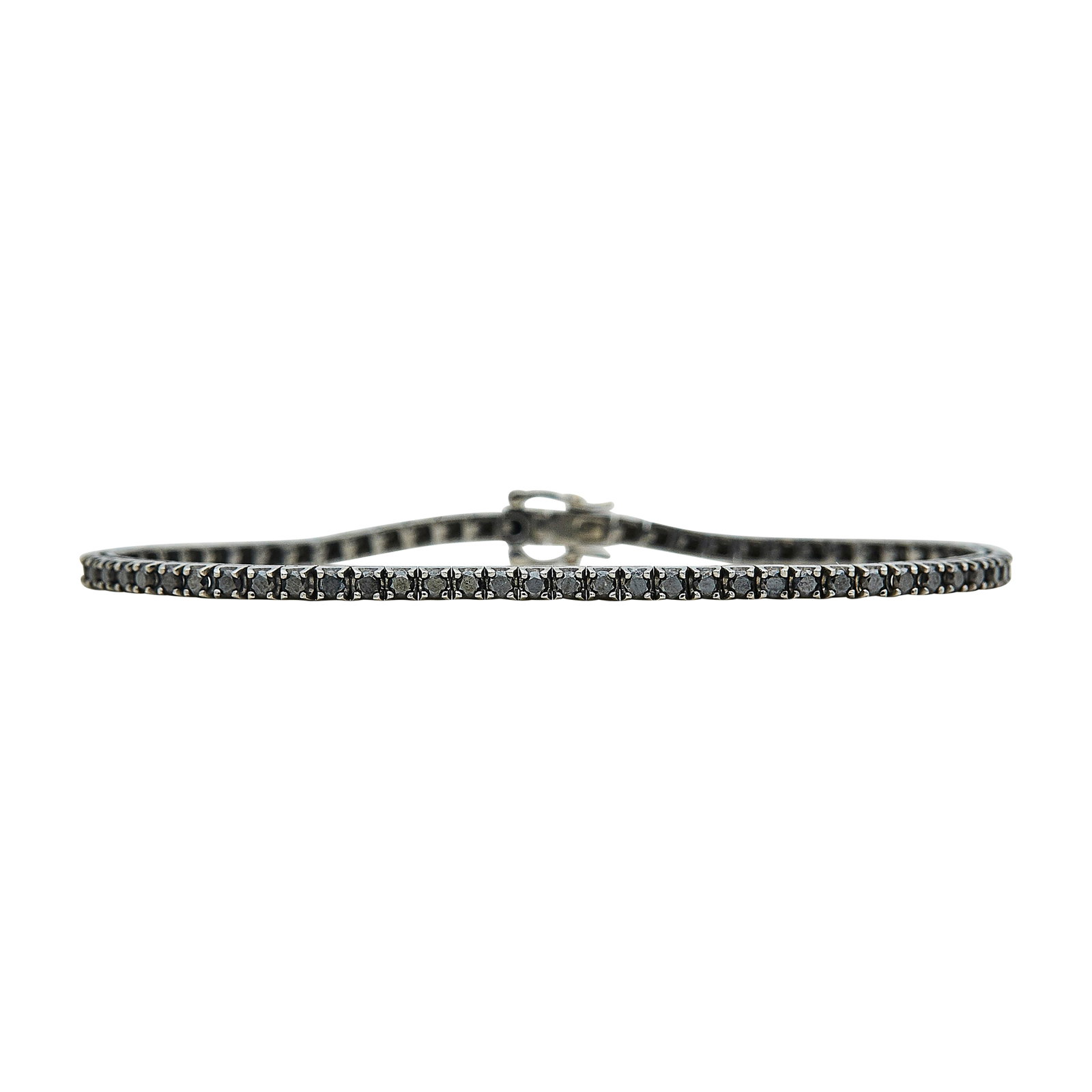 18K White Gold and Black Diamond Tennis Bracelet: METAL: 18K White Gold; GEMSTONES: Black Diamonds 3.11 carats total, Weight estimated by formula; STAMPED: 750, D.3.11, Serial number; CONDITION: Pre-owned, Very Good; ITEM WEIGHT (GRAMS): 8.8 g; MEASU