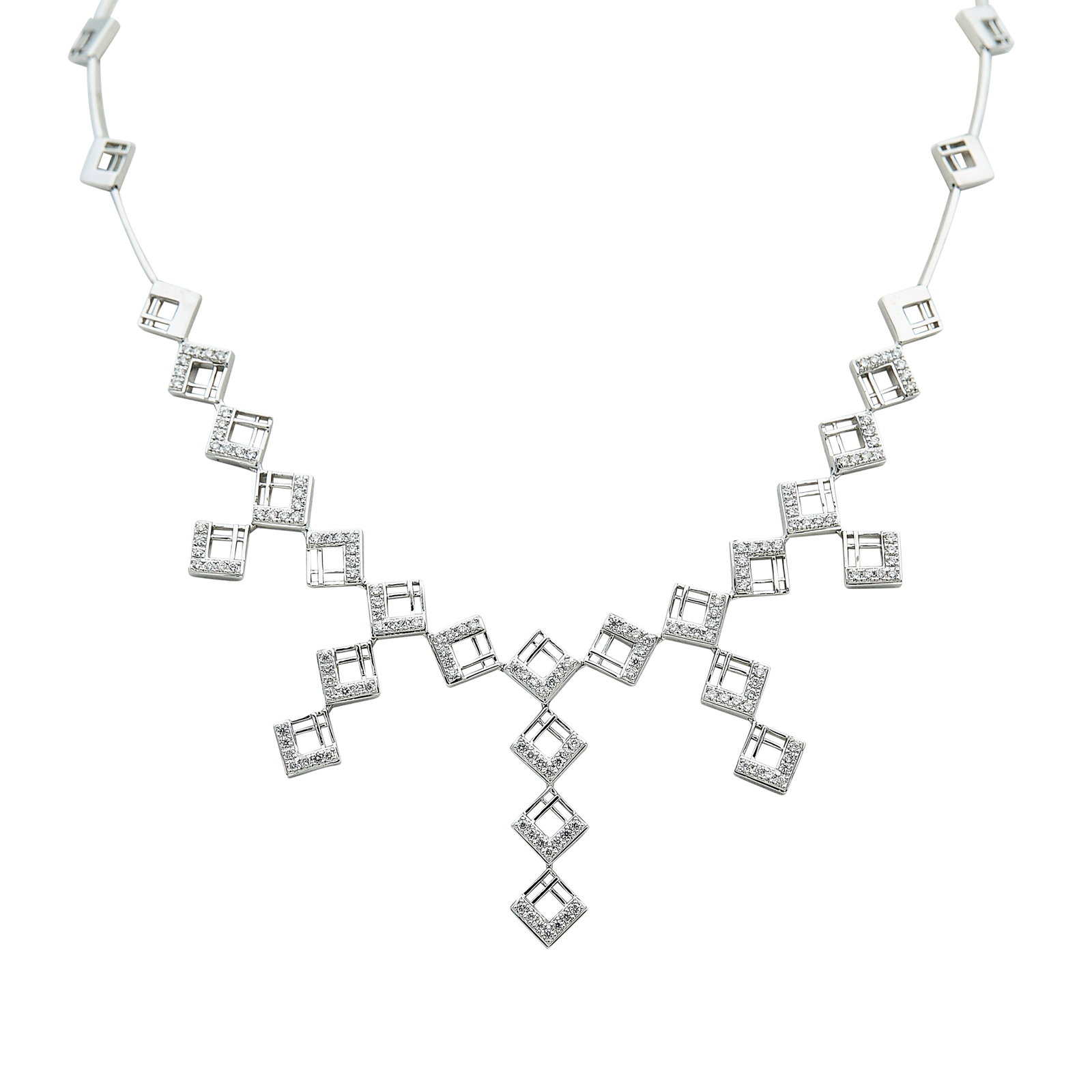18K White Gold and Diamond Geometric Collar Necklace: METAL: 18K White Gold; APPROXIMATE TOTAL DIAMOND WEIGHT: 1.50 ctw; STAMPED: Maker's marks, 750; CONDITION: Pre-owned, Very Good; ITEM WEIGHT (GRAMS): 29.8 g; MEASUREMENTS: Necklace 16 1/2 inches long,