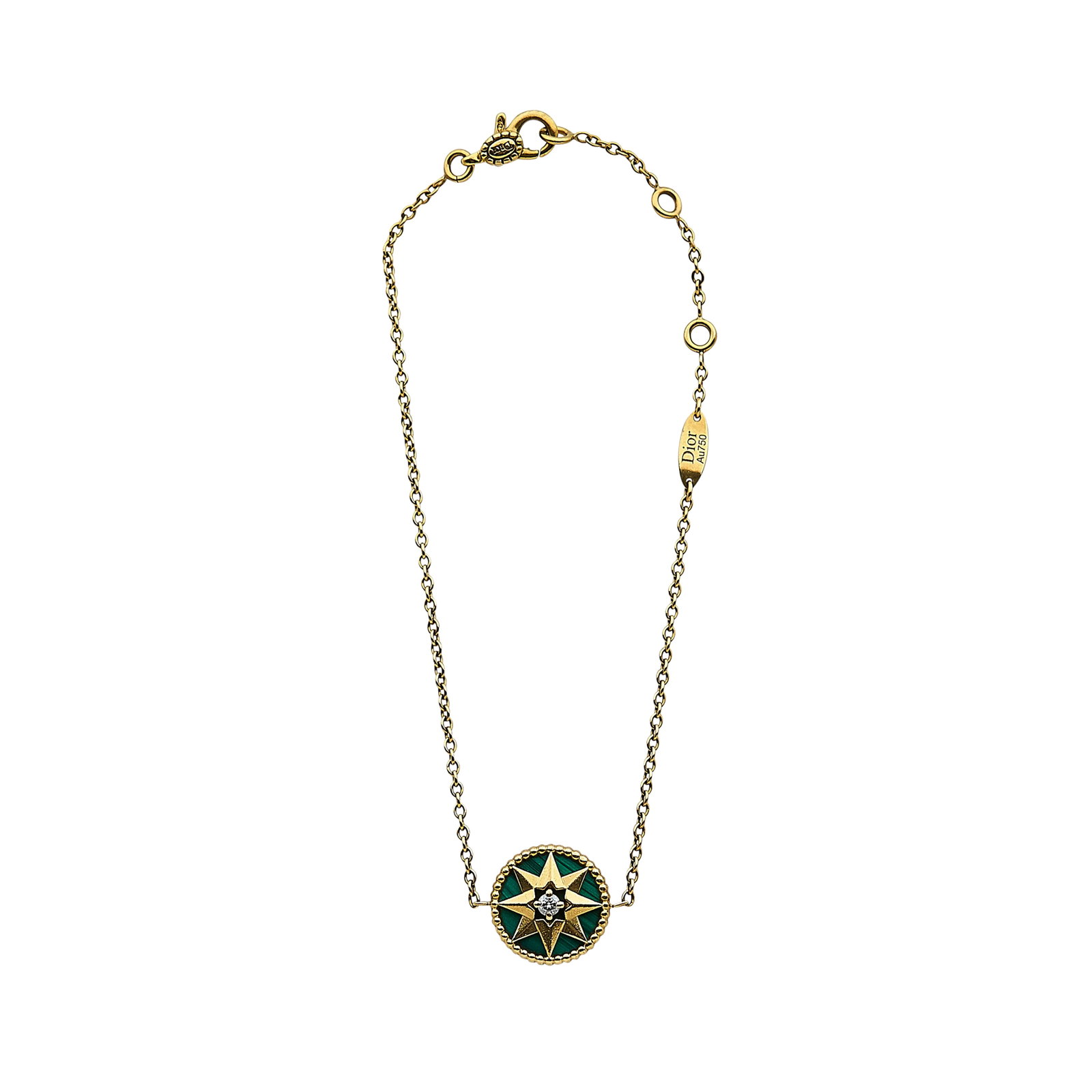 Dior Rose des Vents 18K Yellow Gold, Malachite, and Diamond Bracelet: BRAND: Dior; COLLECTION: Rose des Vents; METAL: 18K Yellow Gold; APPROXIMATE TOTAL DIAMOND WEIGHT: 0.04 ctw; GEMSTONES: Malachite; STAMPED: Dior, Au750, Serial number, French marks; CONDITION: Pre-own