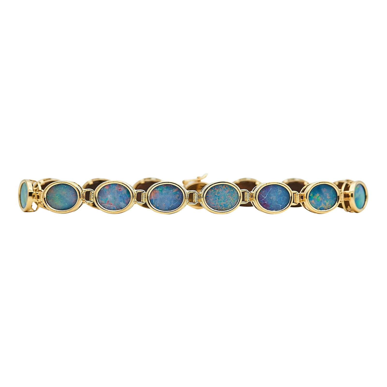 14K Yellow Gold and Opal Link Bracelet: METAL: 14K Yellow Gold; GEMSTONES: Boulder Opal; STAMPED: 14K, 585; CONDITION: Pre-owned, Very Good; ITEM WEIGHT (GRAMS): 9.1 g; MEASUREMENTS: Bracelet 7 1/2 inches long x 5/16 inch wide