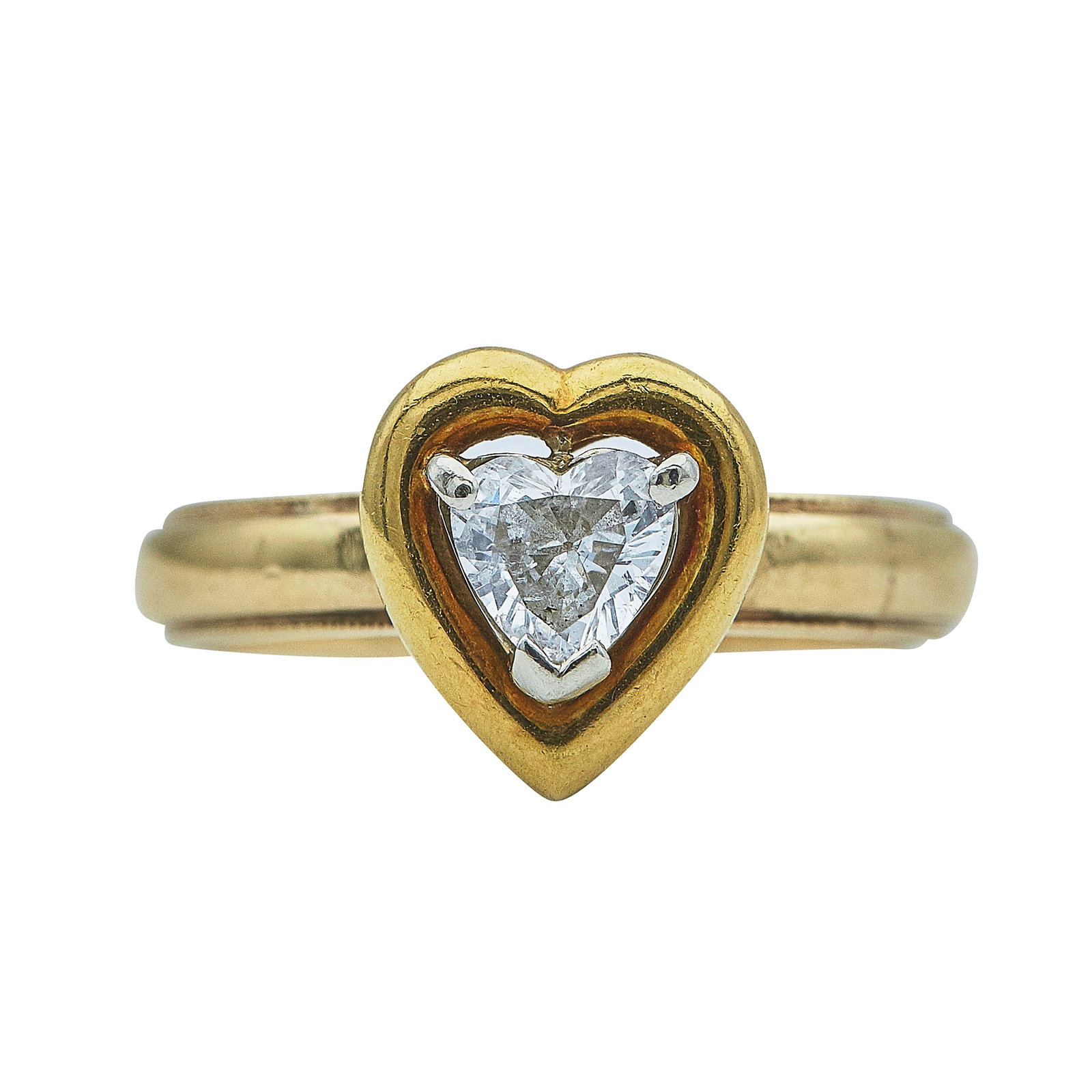 14K Yellow Gold and Heart Diamond Engagement Ring: METAL: 14K Yellow Gold, 18K Yellow Gold; CARAT WEIGHT: 0.55 ctw; APPROXIMATE TOTAL DIAMOND WEIGHT: 1 ctw; STAMPED: Shank marked: 14K, Personal engravings; Head marked: 18K; CONDITION: Pre-owned, Good;