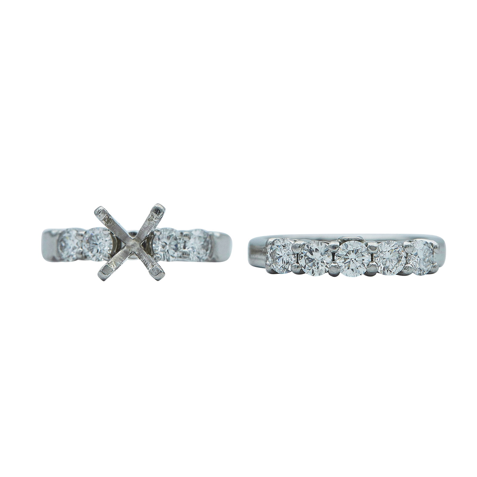 Platinum and Diamond Bridal Ring and Band Setting Set: METAL: Platinum; APPROXIMATE TOTAL DIAMOND WEIGHT: 1.75 ctw; STAMPED: PLAT, Maker's mark; CONDITION: Pre-owned, Good; ITEM WEIGHT (GRAMS): 13.8 g; MEASUREMENTS: Rings size 6 3/4, Center will fit appro