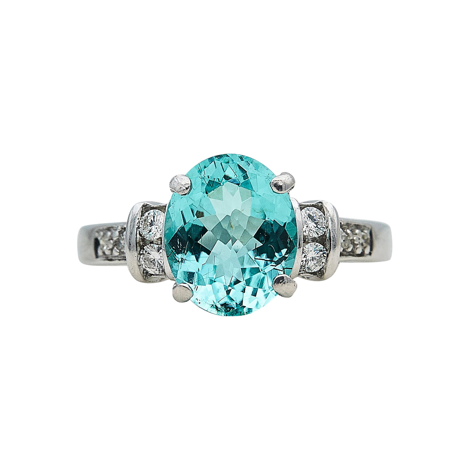 18K White Gold, Paraiba Tourmaline, and Diamond Ring: METAL: 18K White Gold; APPROXIMATE TOTAL DIAMOND WEIGHT: 0.14 ctw; GEMSTONES: Pariaba Tourmaline approx. 2.57 carats, Weight estimated by formula; STAMPED: 18K; CONDITION: Pre-owned, Very Good; ITEM W