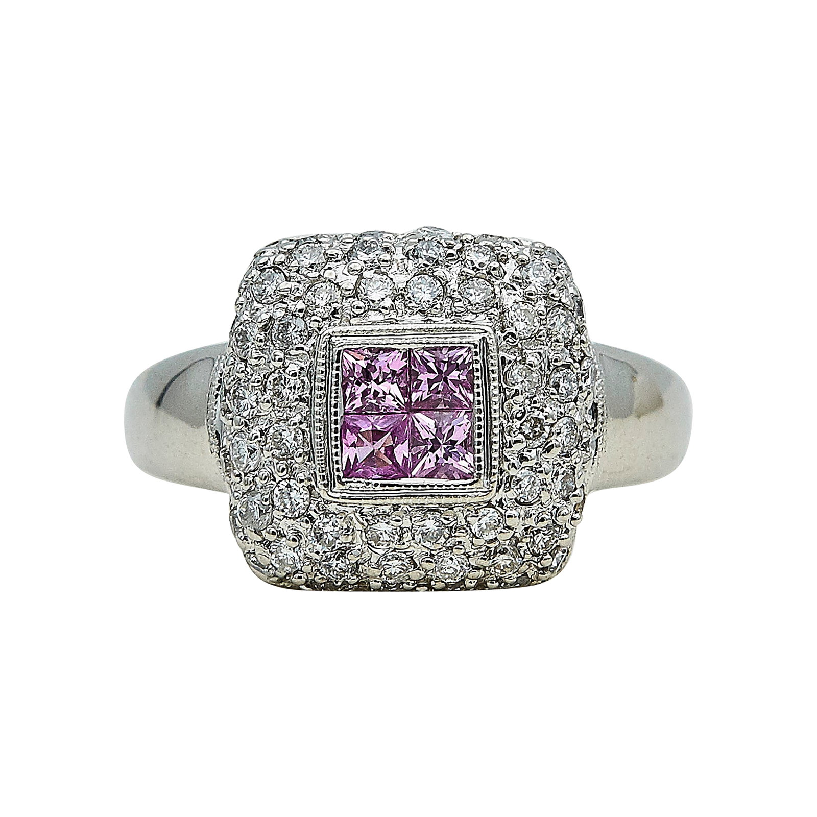 18K White Gold, Pink Sapphire, and Diamond Ring: METAL: 18K White Gold; APPROXIMATE TOTAL DIAMOND WEIGHT: 0.84 ctw; GEMSTONES: Pink Sapphire; STAMPED: BA, 18K; CONDITION: Pre-owned, Very Good; ITEM WEIGHT (GRAMS): 8.2 g; MEASUREMENTS: Ring size 6; D