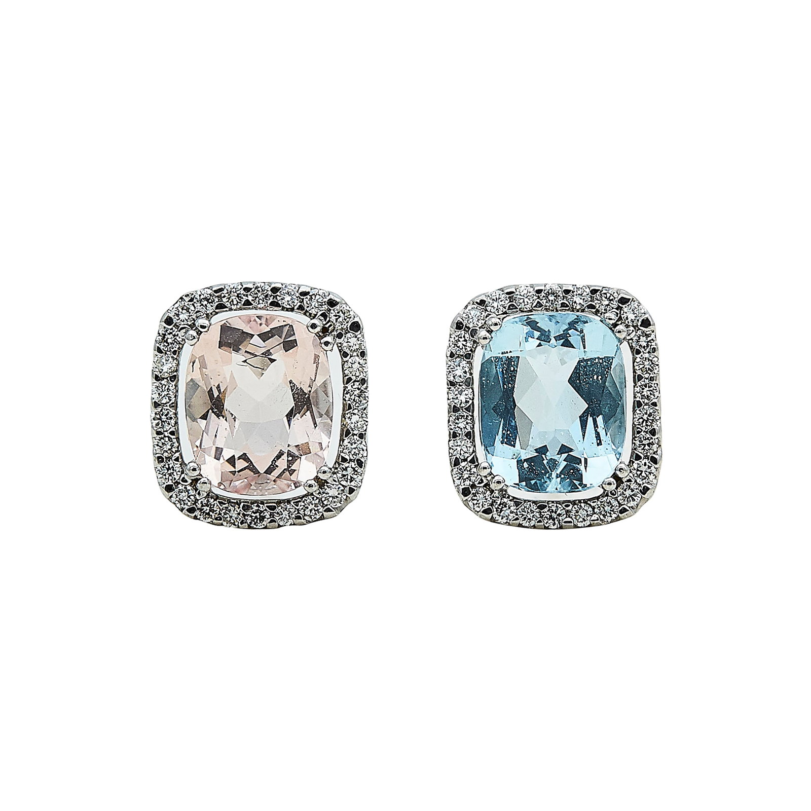 18K White Gold, Morganite, Aquamarine, and Diamond Halo Earrings: METAL: 18K White Gold; APPROXIMATE TOTAL DIAMOND WEIGHT: 0.98 ctw; GEMSTONES: Morganite and Aquamarine approx. 10.90 mm x 9.00 mm each; STAMPED: 705, 18K, IGT, DI .98, 750; CONDITION: Pre-owned, Very 