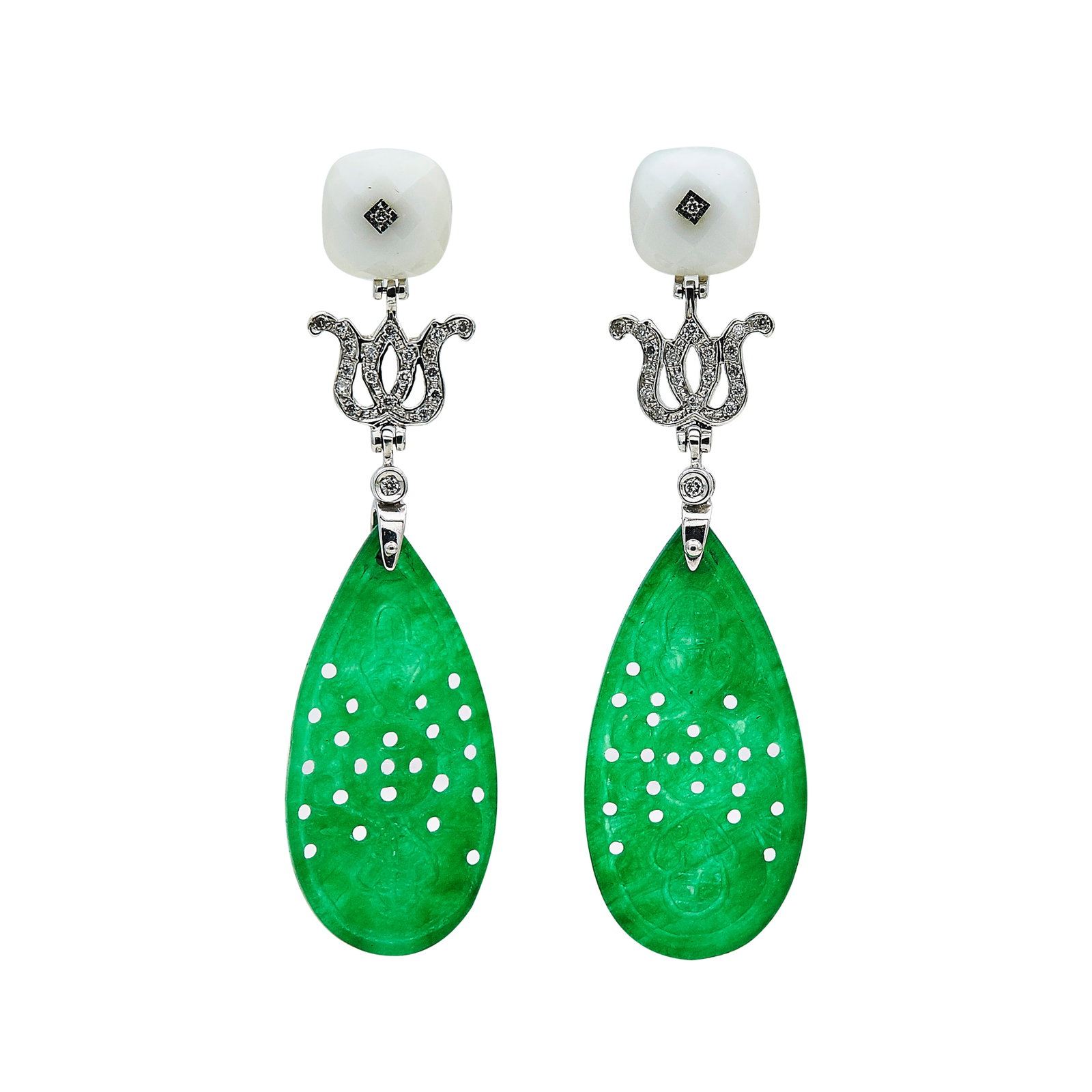 18K White Gold Jade, Chalcedony, and Diamond Pendant Earrings: METAL: 18K White Gold; APPROXIMATE TOTAL DIAMOND WEIGHT: 0.40 ctw; GEMSTONES: Jade, Chalcedony, Jade is impregnated and dyed; STAMPED: 750; CONDITION: Pre-owned, Good; ITEM WEIGHT (GRAMS): 11.5 g; MEA