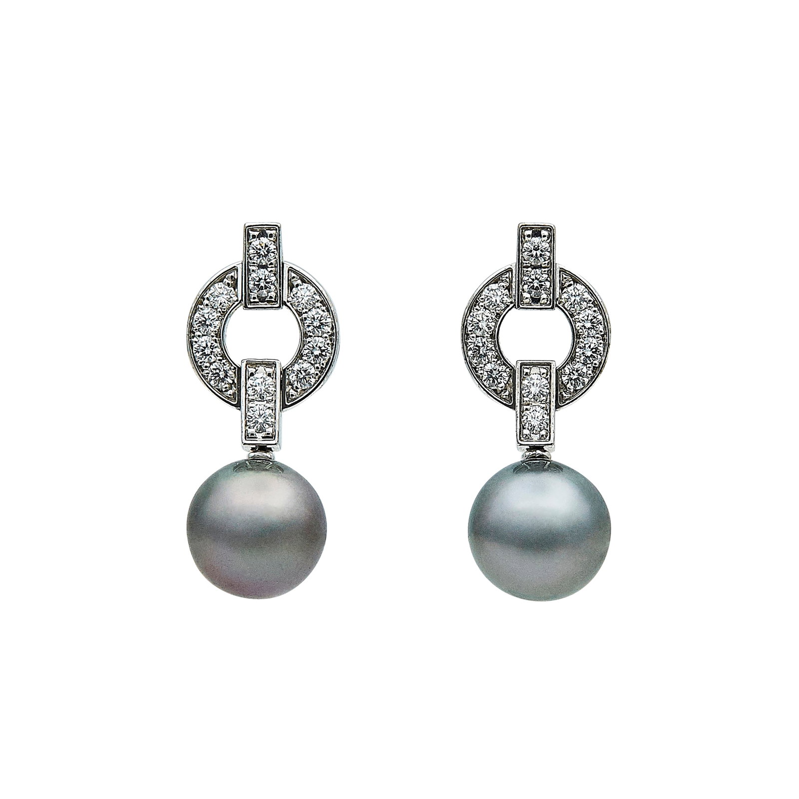 Cartier Himalia 18K White Gold, Grey Pearl, and Diamond Drop Earrings: BRAND: Cartier; COLLECTION: Himalia; METAL: 18K White Gold; APPROXIMATE TOTAL DIAMOND WEIGHT: 0.48 ctw; GEMSTONES: Pearls approx. 9.00 mm in diameter; STAMPED: Cartier, 750, ©, serial number; CONDITI