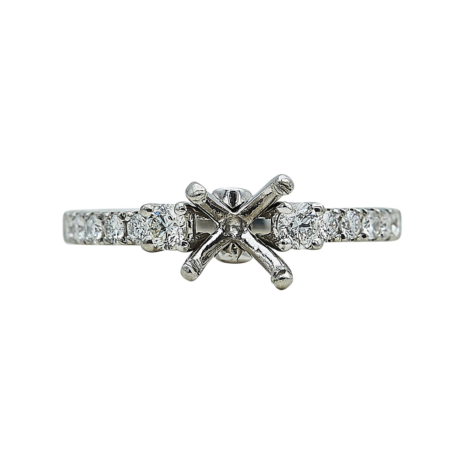 Platinum and Diamond Engagement Ring Setting: METAL: Platinum; APPROXIMATE TOTAL DIAMOND WEIGHT: 0.50 ctw; STAMPED: D0214, Pt950; CONDITION: Pre-owned, Very Good; ITEM WEIGHT (GRAMS): 3.9 g; MEASUREMENTS: Ring size 4 3/4, Center will fit approx. 