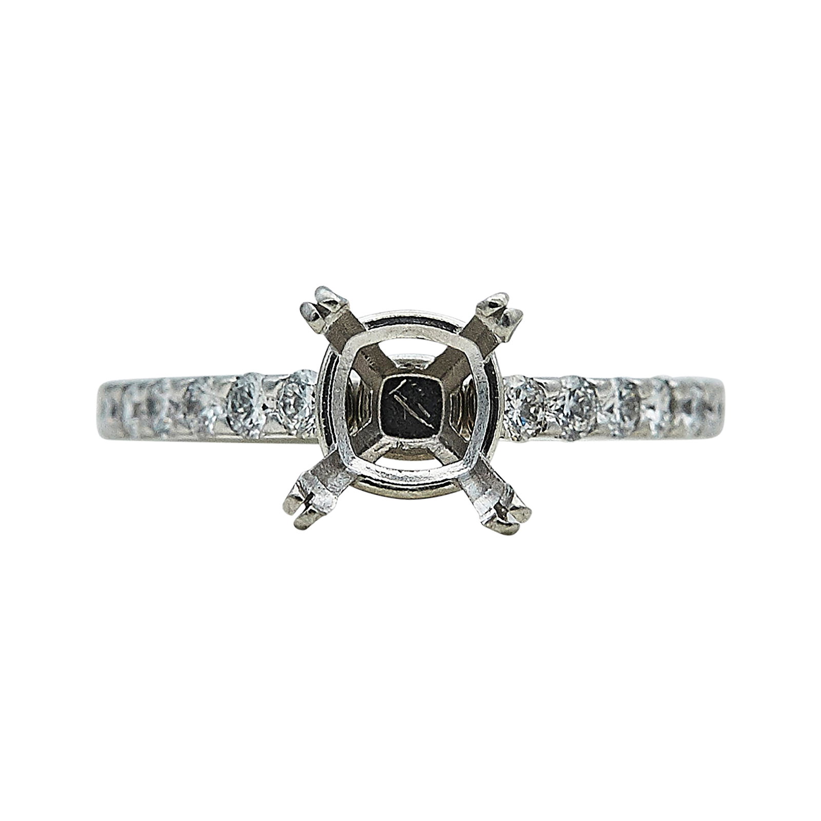 Platinum and Diamond Engagement Ring Setting: METAL: Platinum; APPROXIMATE TOTAL DIAMOND WEIGHT: 0.42 ctw; STAMPED: Pt950, Maker's mark; CONDITION: Pre-owned, Very Good; ITEM WEIGHT (GRAMS): 3.7 g; MEASUREMENTS: Ring size 4 1/4, Center will fit a