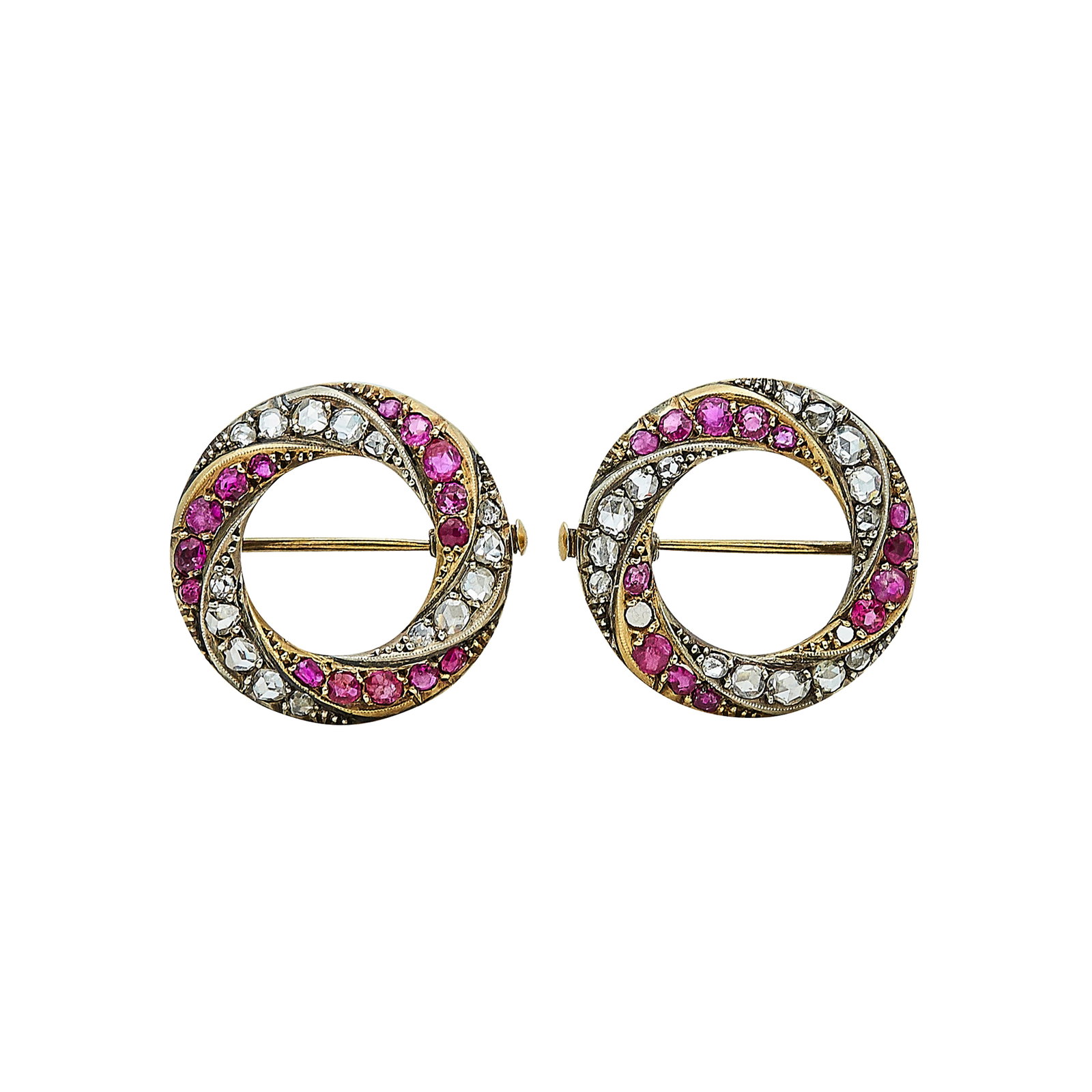 Antique Silver Topped 14K Yellow Gold, Diamond, and Ruby Circle Brooch Set (1 of 3)