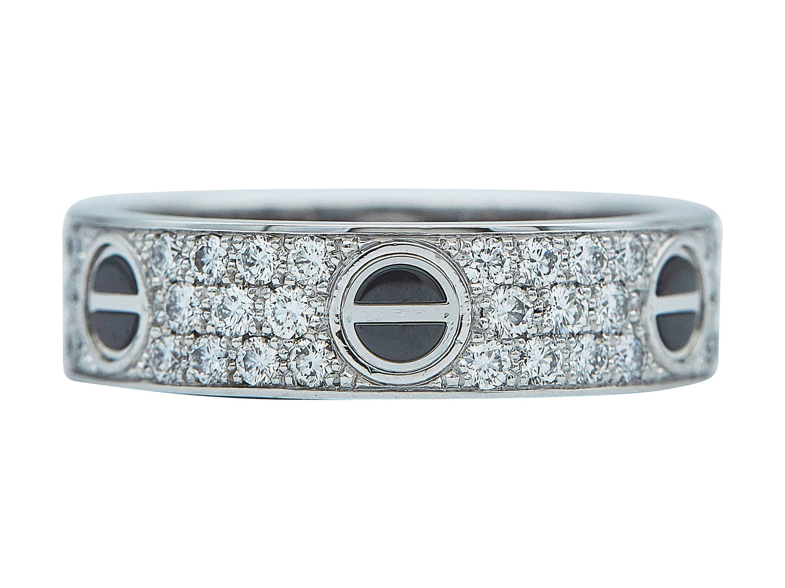 Cartier Love Classic Model 18K White Gold, Diamond Pave, and Black Ceramic Band Ring: BRAND: Cartier; COLLECTION: Love; METAL: 18K White Gold; APPROXIMATE TOTAL DIAMOND WEIGHT: 1.50 ctw; GEMSTONES: Black Ceramic; STAMPED: © Cartier, 64, Au750, Serial number, Maker's mark; CONDITION: P