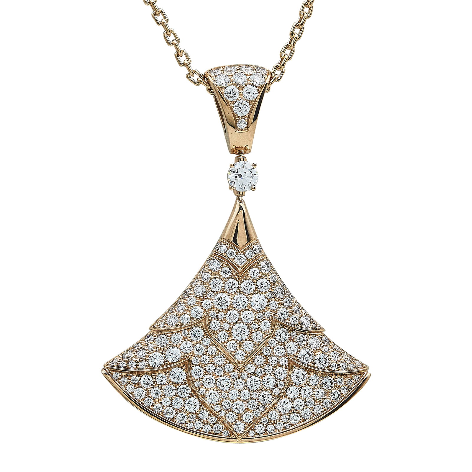 Bulgari Divas' Dream 18K Rose Gold and Diamond Pendant Necklace: BRAND: Bulgari; COLLECTION: Divas' Dream; METAL: 18K Rose Gold; APPROXIMATE TOTAL DIAMOND WEIGHT: 2.90 ctw; STAMPED: Pendant marked: BVLGARI, serial number, Au 750, Italian workshop mark, MADE IN ITAL