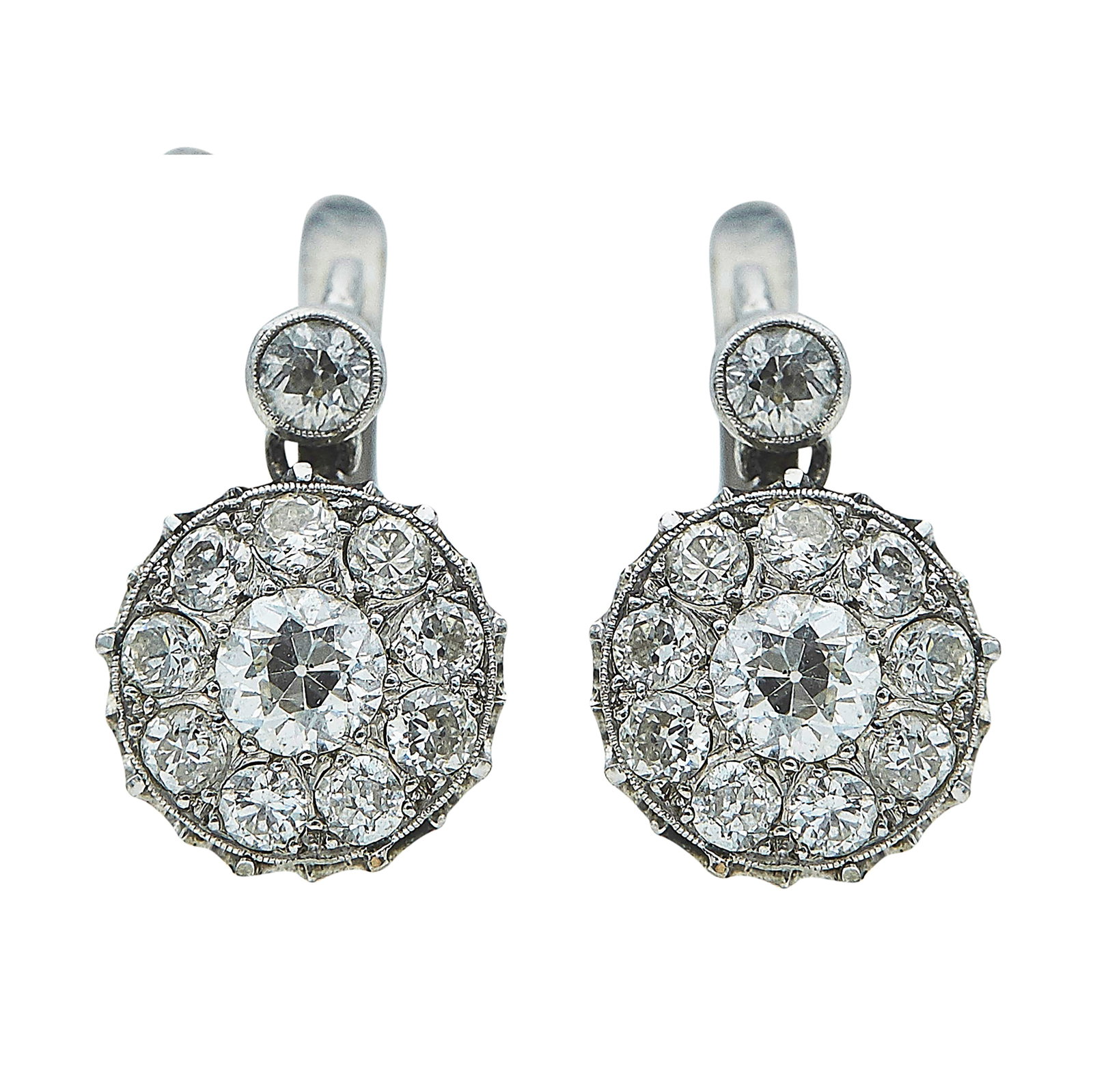 Platinum and 18K White Gold Old European Cut Diamond Cluster Earrings (1 of 4)