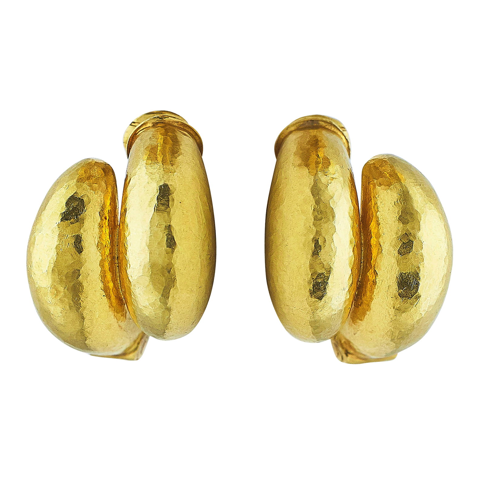 LALAoUNIS 18K Yellow Gold Textured Clip Hoop Earrings: BRAND: LALAoUNIS; METAL: 18K Yellow Gold; STAMPED: A21, GREECE, Maker's mark, 750; CONDITION: Pre-owned, Good; ITEM WEIGHT (GRAMS): 24.6 g; MEASUREMENTS: Earrings 1 inch in diameter x 3/4 inch wide; A
