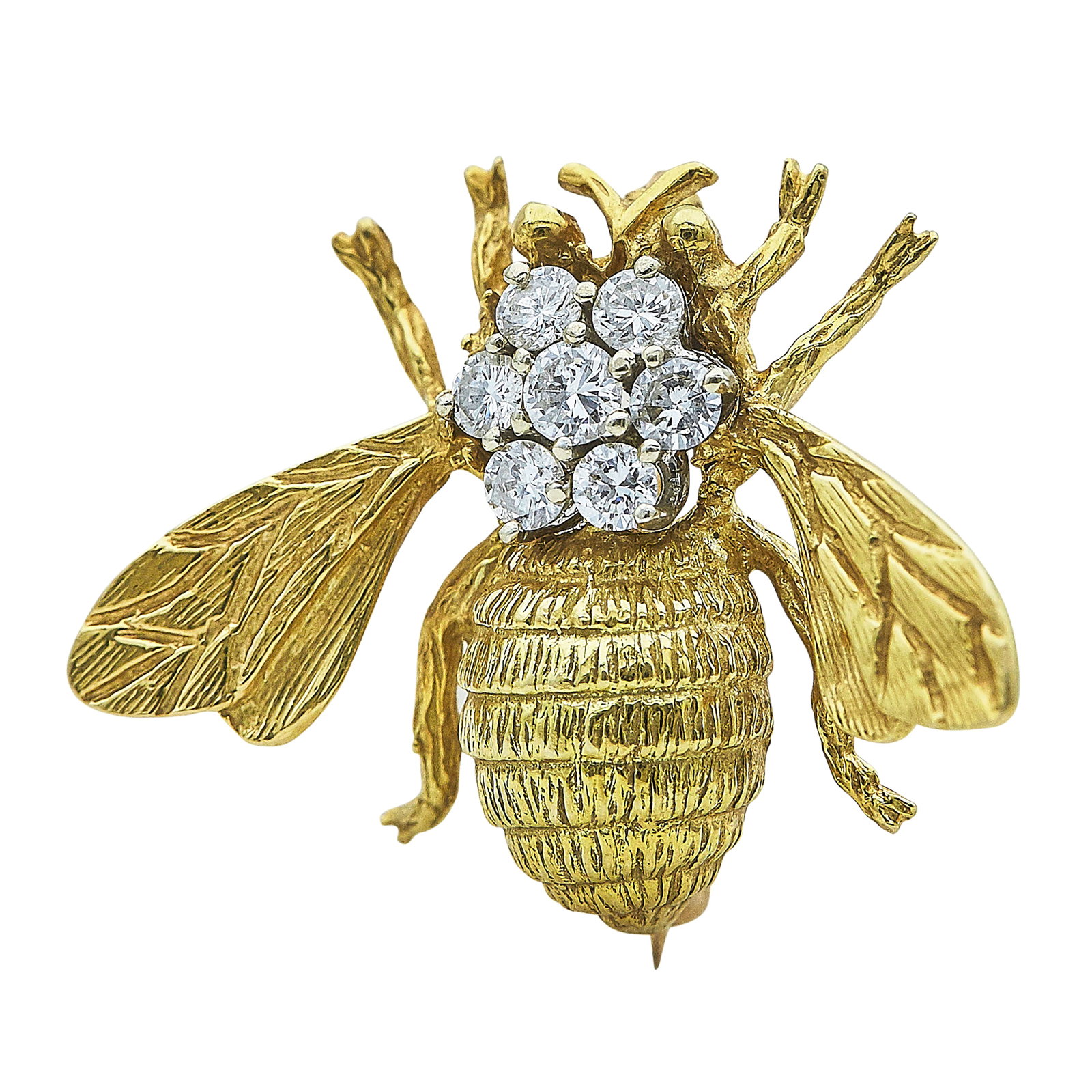 18K Yellow and White Gold Diamond Bee Pin Brooch: METAL: 18K Yellow Gold/White Gold; APPROXIMATE TOTAL DIAMOND WEIGHT: 0.70 ctw; STAMPED: 18K; CONDITION: Pre-owned, Good; ITEM WEIGHT (GRAMS): 8 g; MEASUREMENTS: Brooch 1 inch long x 1 1/4 inch wide