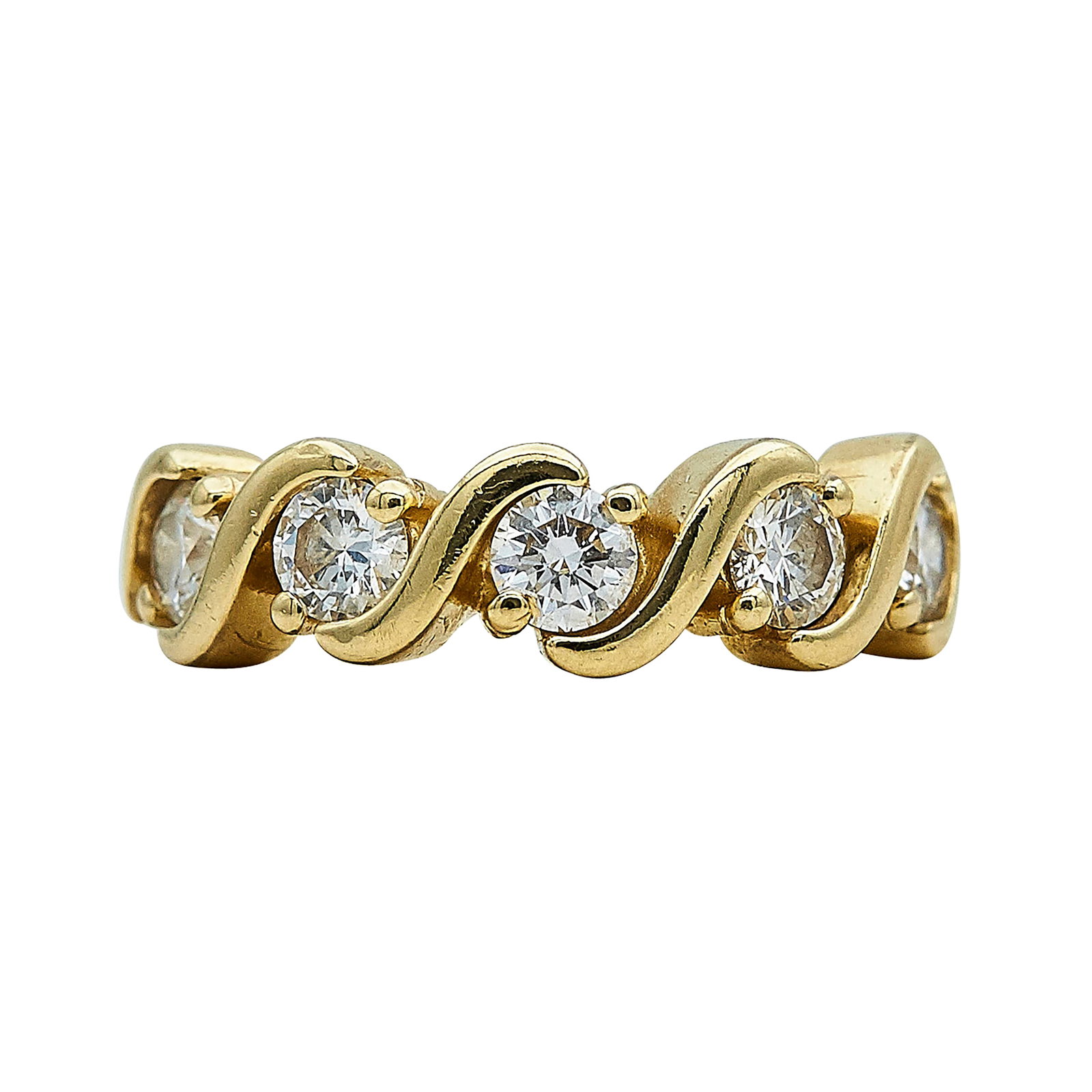 18K Yellow Gold and Five Diamond Band Ring: METAL: 18K Yellow Gold; APPROXIMATE TOTAL DIAMOND WEIGHT: 1 ctw; STAMPED: 18K, Maker's mark; CONDITION: Pre-owned, Very Good; ITEM WEIGHT (GRAMS): 5.6 g; MEASUREMENTS: Ring size 5 1/4