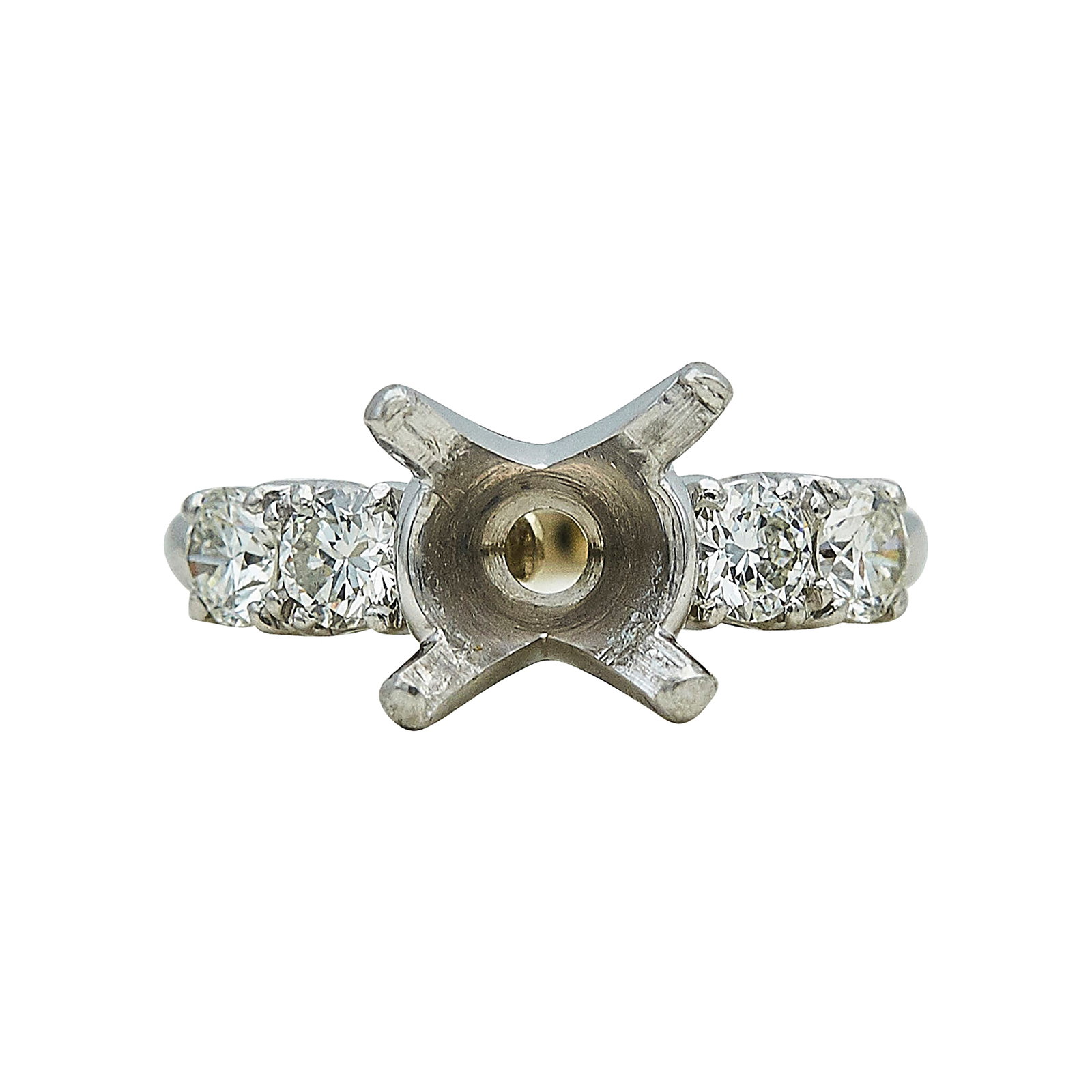 Platinum and Solitaire Diamond Engagement Ring Setting: METAL: Platinum; APPROXIMATE TOTAL DIAMOND WEIGHT: 0.80 ctw; STAMPED: 10% IRID PLAT, 76; CONDITION: Pre-owned, Very Good; ITEM WEIGHT (GRAMS): 8.3 g; MEASUREMENTS: Ring size 5 1/4 with sizing bang, Ce