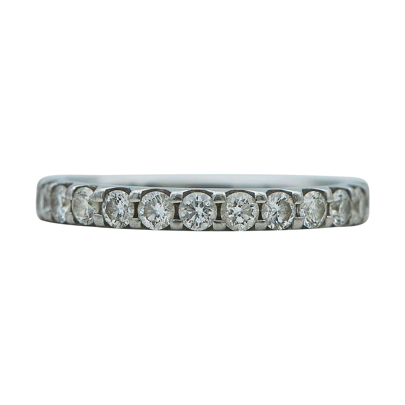 Platinum and Diamond Half Eternity Band Ring: METAL: Platinum; APPROXIMATE TOTAL DIAMOND WEIGHT: 0.50 ctw; STAMPED: Pt950, Maker's mark; CONDITION: Pre-owned, Very Good; ITEM WEIGHT (GRAMS): 4.2 g; MEASUREMENTS: Ring size 6 3/4