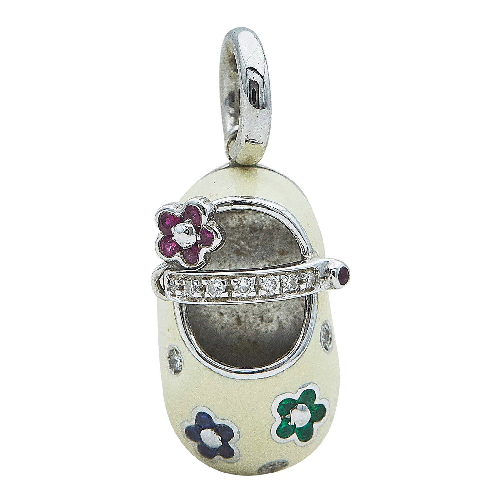Aaron Basha 18K White Gold, White Enamel, Ruby, Sapphire, Emerald and Diamond Baby Shoe Charm: BRAND: Aaron Basha; METAL: 18K White Gold; APPROXIMATE TOTAL DIAMOND WEIGHT: 0.13 ctw; GEMSTONES: White Enamel, Ruby, Sapphire, and Emerald; STAMPED: Aaron Basha; TESTED: 18K White Gold; CONDITION: Pr
