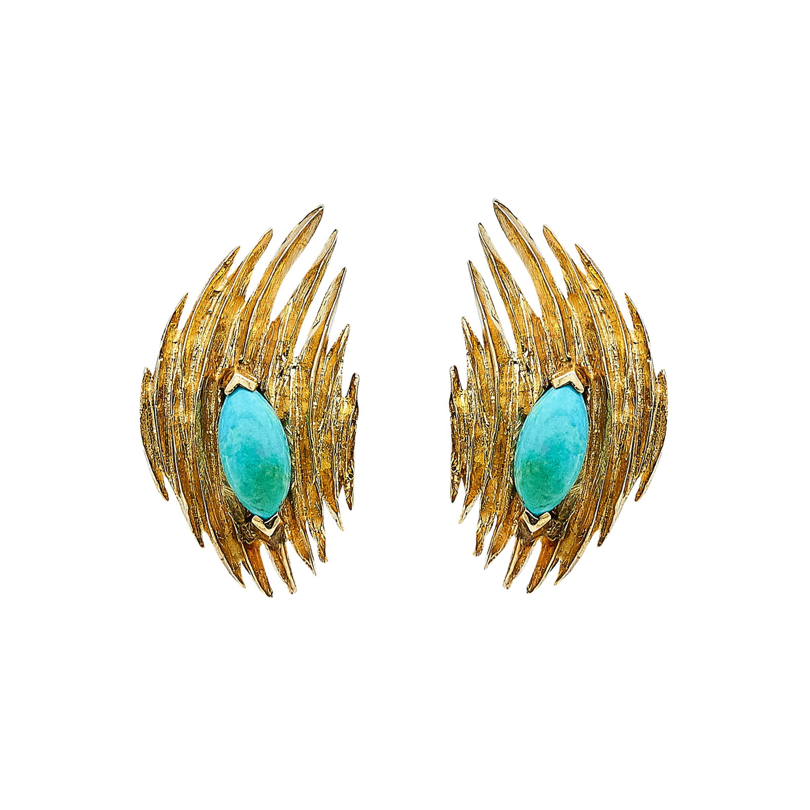14K Yellow Gold and Turquoise Cabochon Earrings: METAL: 14K Yellow Gold; GEMSTONES: Turquoise approx. 2.13 carats each, Weight estimated by formula; TESTED: 14K Yellow Gold; CONDITION: Pre-owned, Very Good; ITEM WEIGHT (GRAMS): 18.4 g; MEASUREMENTS: