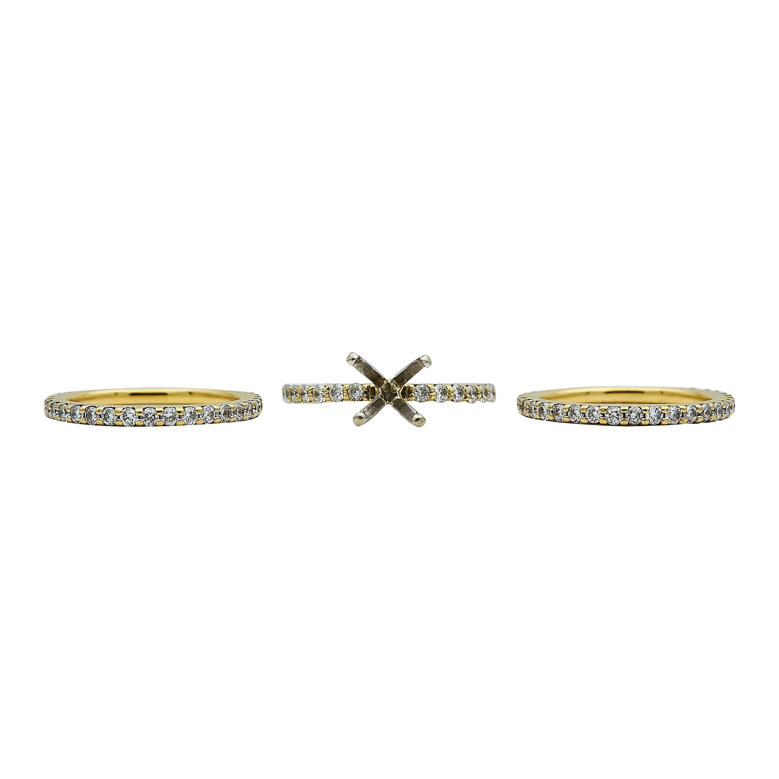 18K Yellow Gold and Diamond Bands & Engagement Ring Mounting Set: METAL: 18K Yellow Gold; APPROXIMATE TOTAL DIAMOND WEIGHT: 1.36 ctw; STAMPED: All marked: 18K, 750; CONDITION: Pre-owned, Good; ITEM WEIGHT (GRAMS): 5.8 g; MEASUREMENTS: Rings size 5, Center will fit a