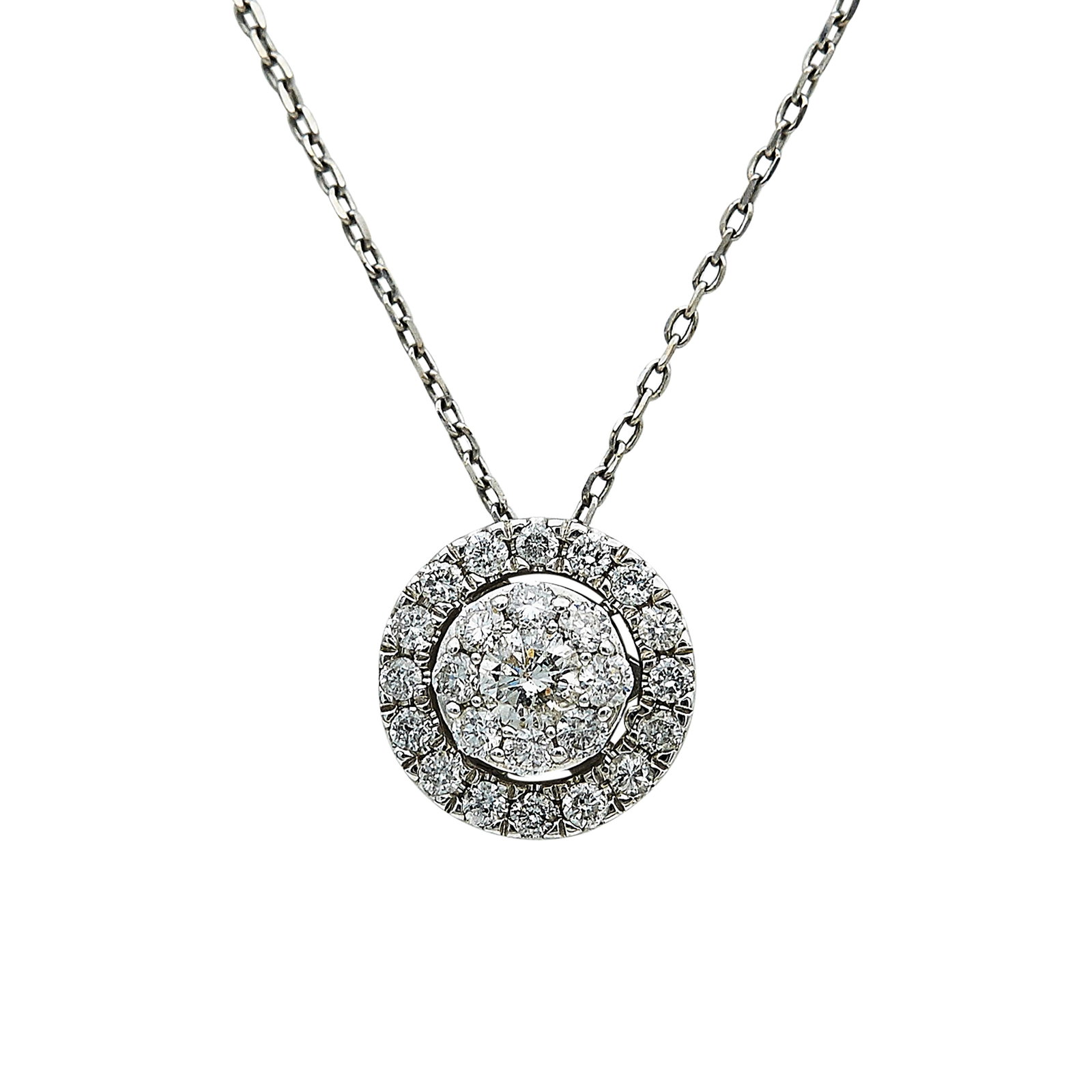 10K White Gold and Diamond Cluster Pendant Necklace: METAL: 10K White Gold; APPROXIMATE TOTAL DIAMOND WEIGHT: 0.50 ctw; STAMPED: Maker's mark, 10K, India; CONDITION: Pre-owned, Very Good; ITEM WEIGHT (GRAMS): 2.3 g; MEASUREMENTS: Necklace 18 inches long